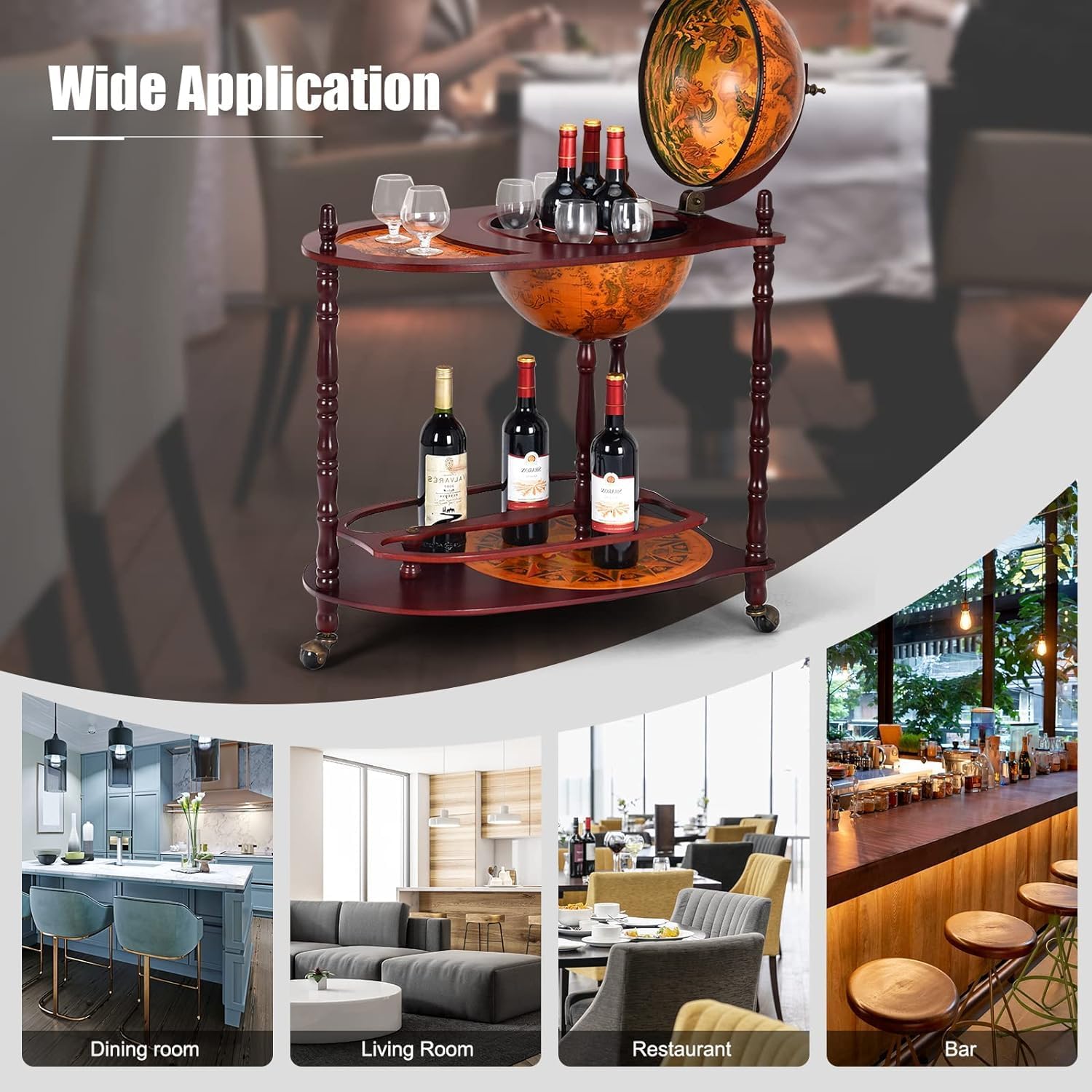 34.5’’ Wine Bar Cart with Wheels, 2 Storage Shelves, Wood Liquor Cabinet O4557