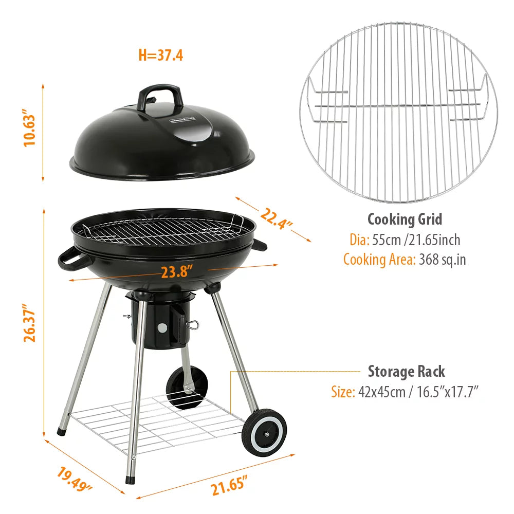 22" Round Portable Charcoal Kettle Grill With 2 Wheels, Black U175609