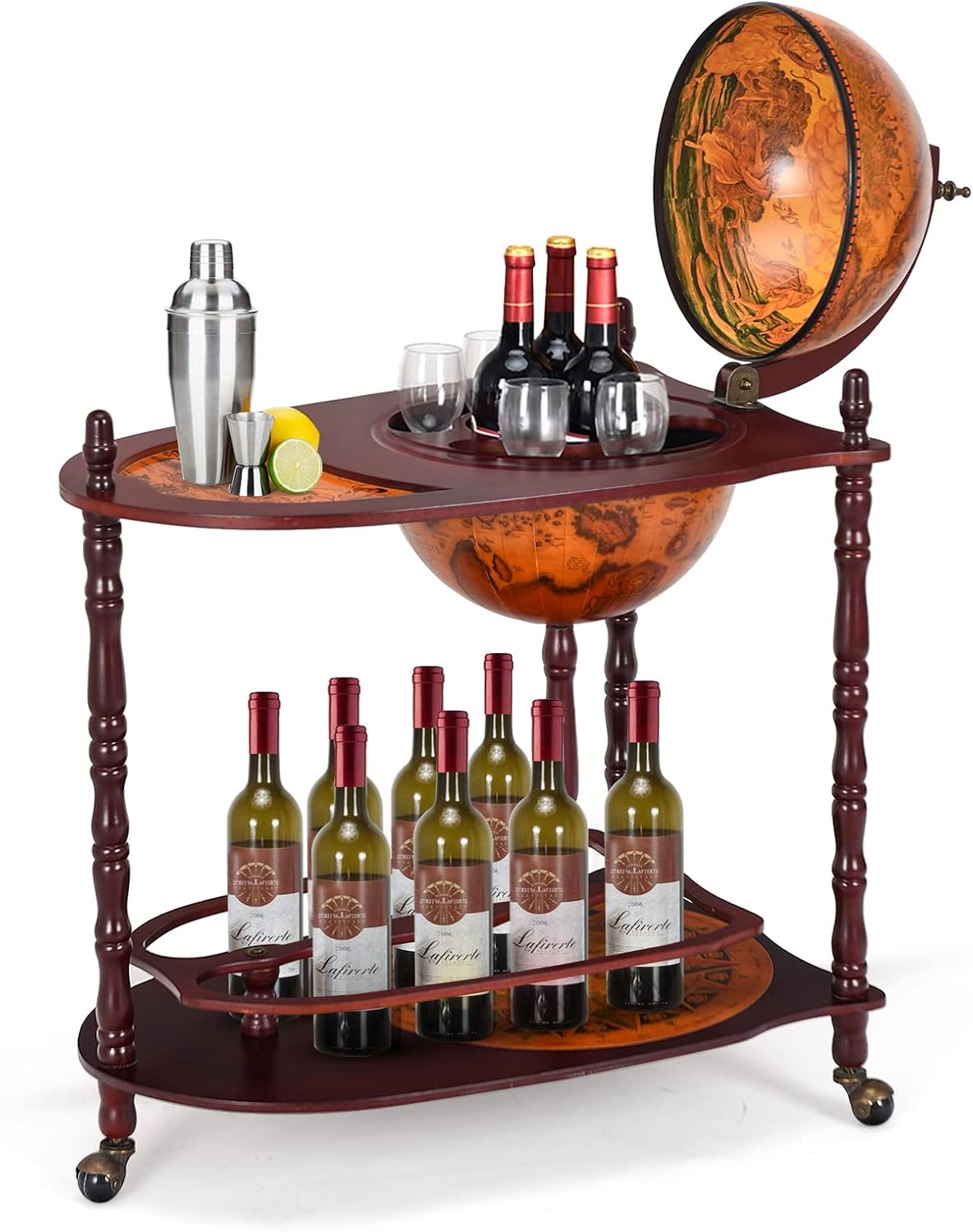 34.5’’ Wine Bar Cart with Wheels, 2 Storage Shelves, Wood Liquor Cabinet O4557