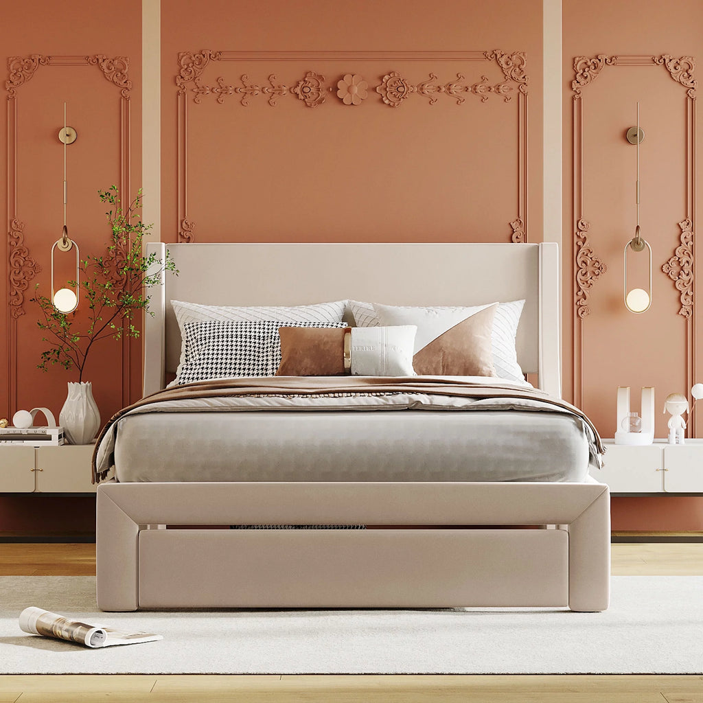 Beige Velvet Full Size Bed Frame with Storage Drawer R3638