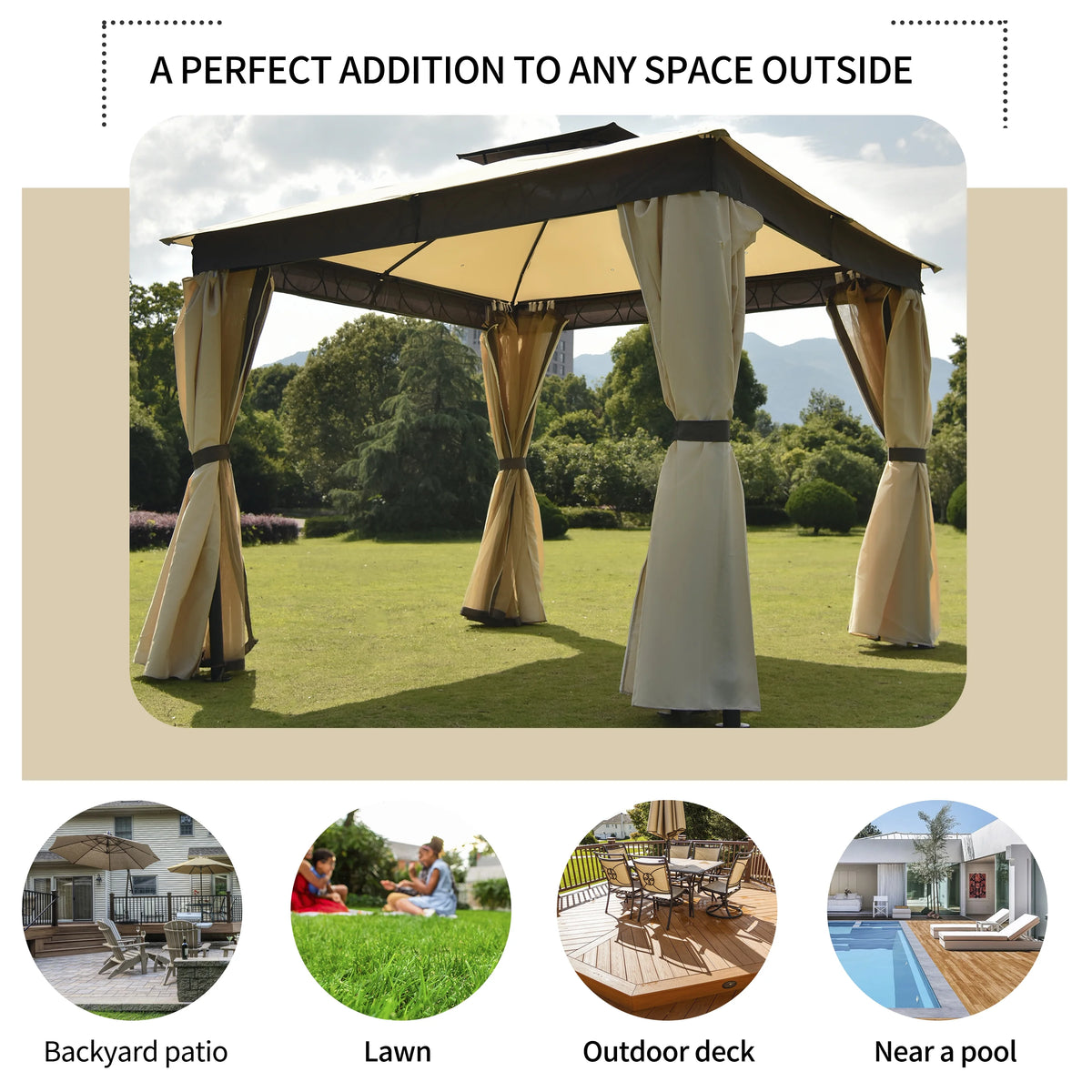 10' X 10' Outdoor Gazebo Tent with Metal Frame, khaki X652053