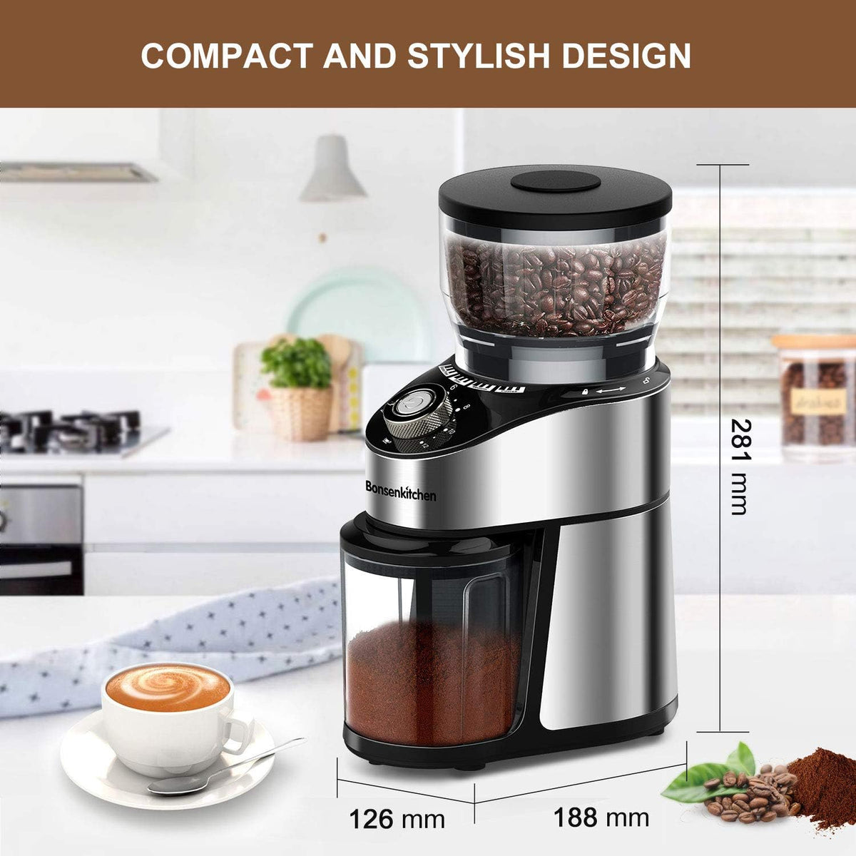 Stainless Steel Electric Conical Burr Coffee Grinder with 12 Grind Settings V24055