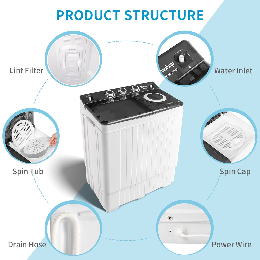 Semi-automatic Twin Tub Washing Machine with Built-in Drain Pump, White&Black S4765