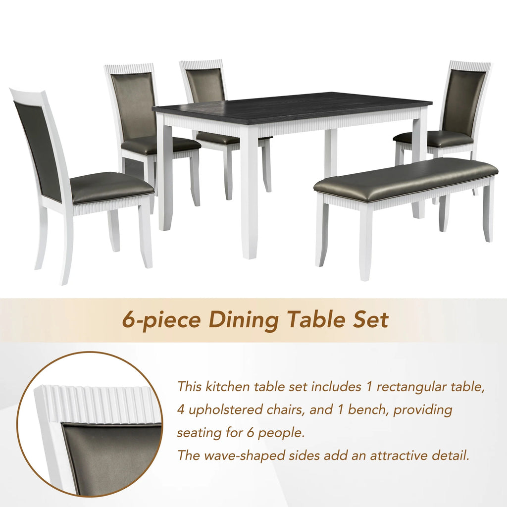 White Solid Wood 6-Piece Dining Table Set with PU Leather Chairs and Bench P29634