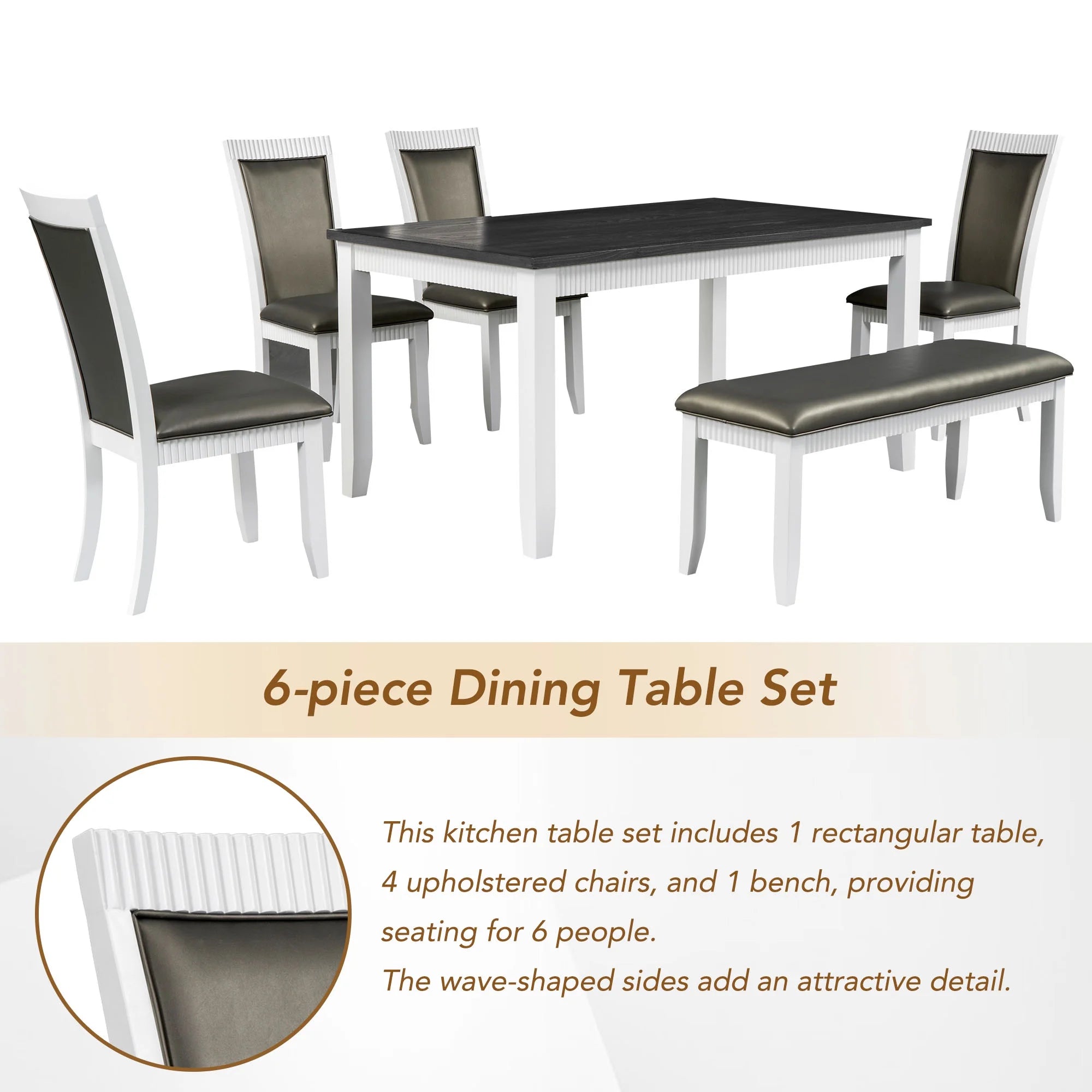 White Solid Wood 6-Piece Dining Table Set with PU Leather Chairs and Bench P29634