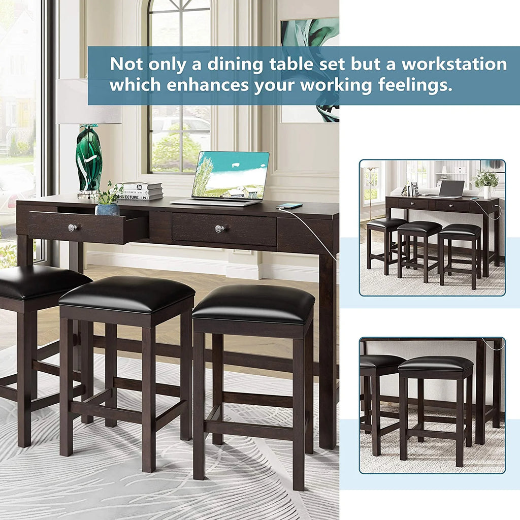 4-Piece Counter Height Dining Table Set with 3 PU Leather Padded Stools Espresso B54260