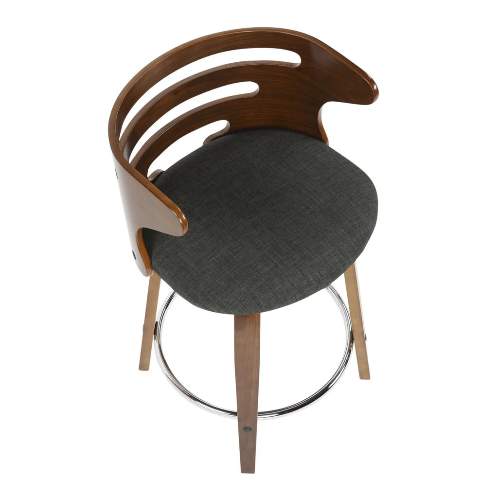 Mid-Century Modern Counter Stool With Swivel In Walnut And Charcoal Fabric - Set Of 2 J9933