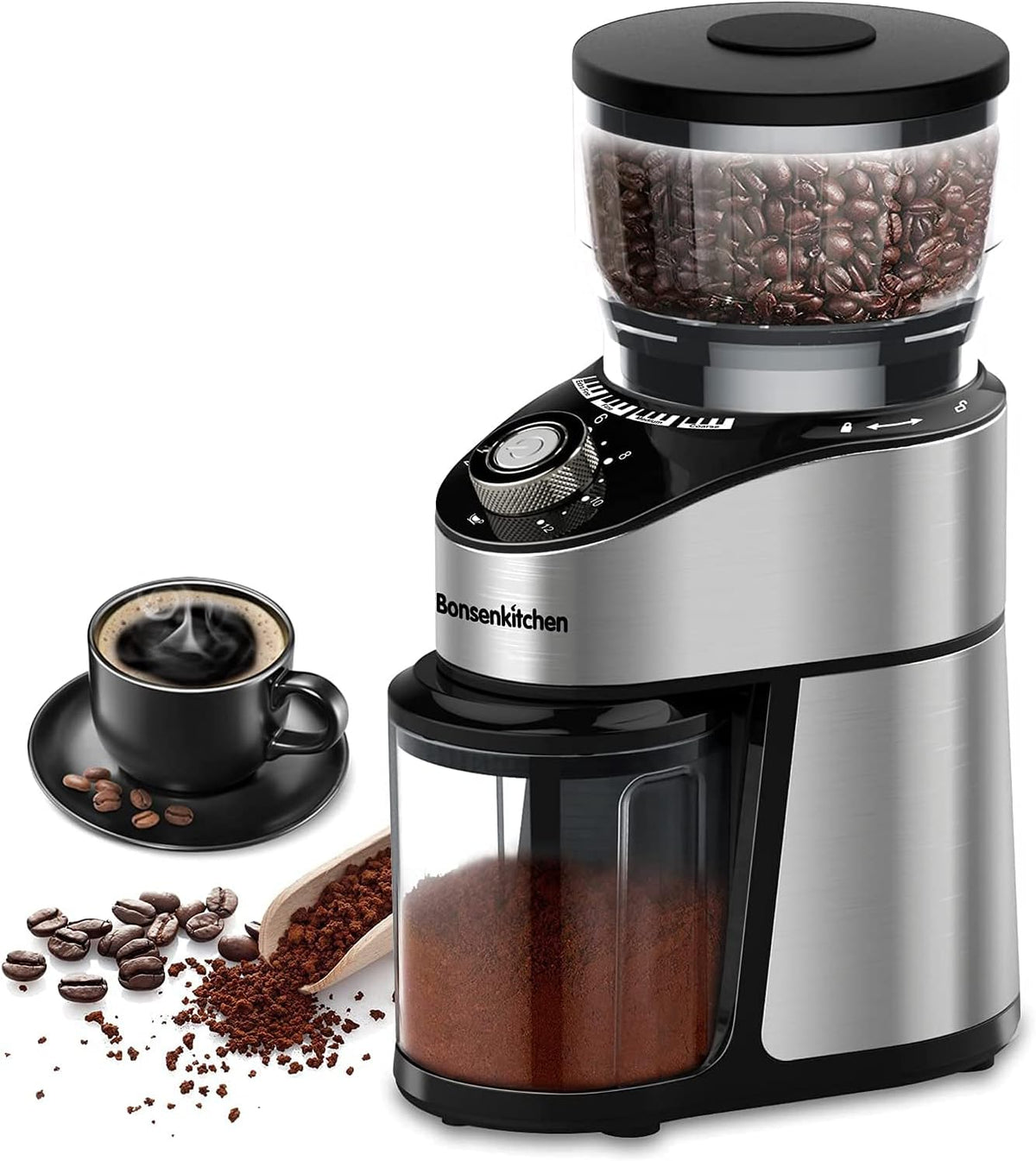 Stainless Steel Electric Conical Burr Coffee Grinder with 12 Grind Settings V24055