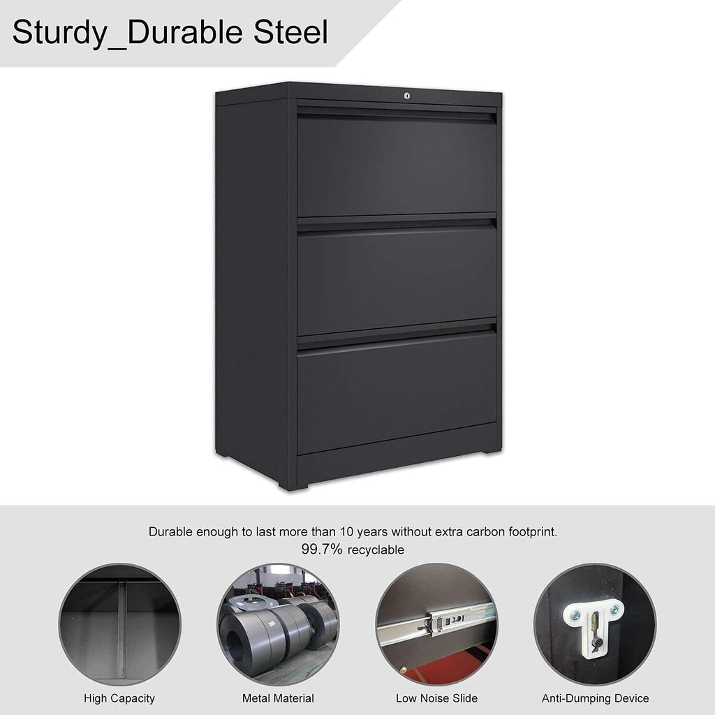 Black 3 Drawer Metal Lateral File Cabinet F763
