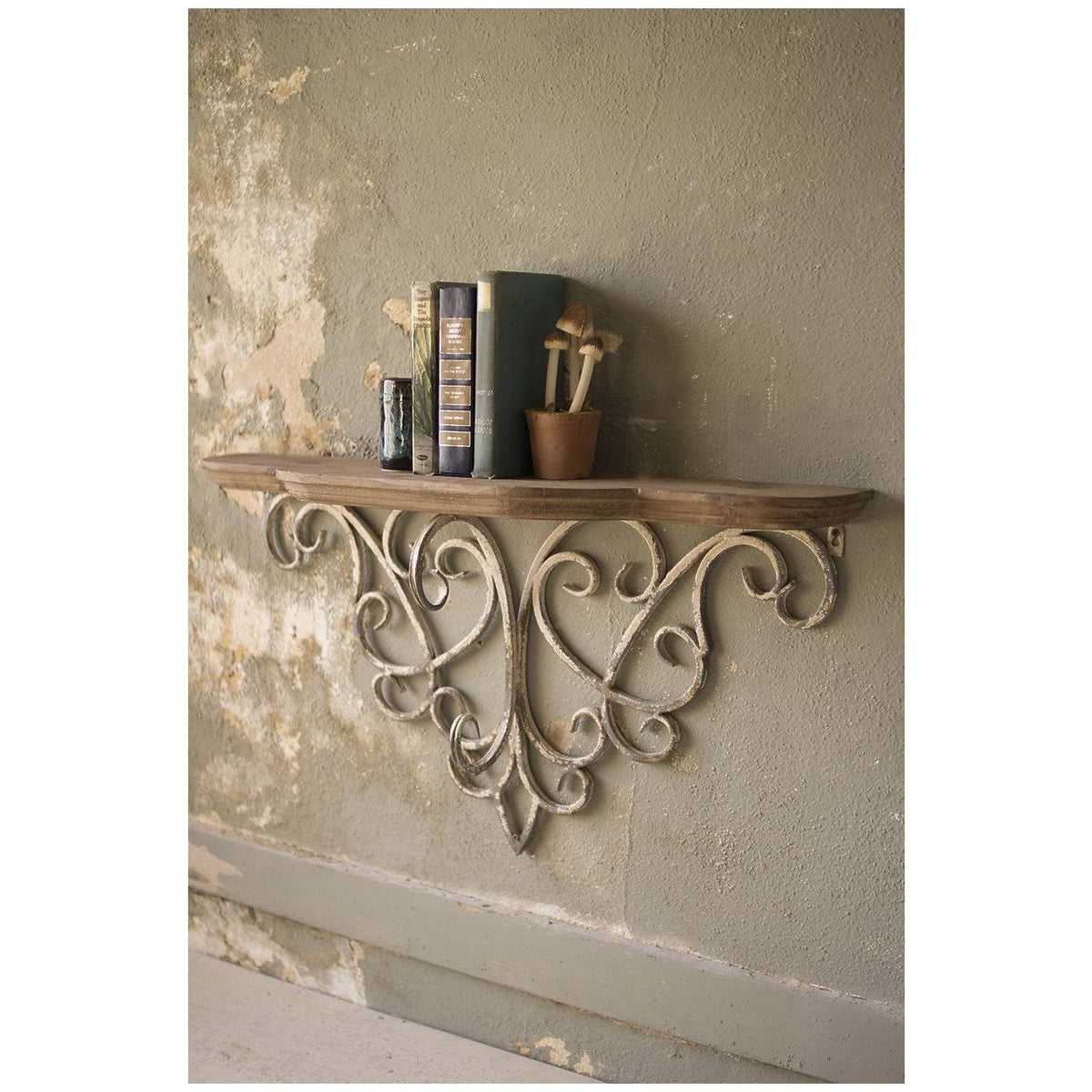 Wood Top Shelf with Metal Filigree Detail F227500