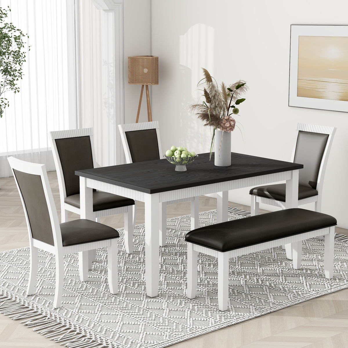 White Solid Wood 6-Piece Dining Table Set with PU Leather Chairs and Bench P29634
