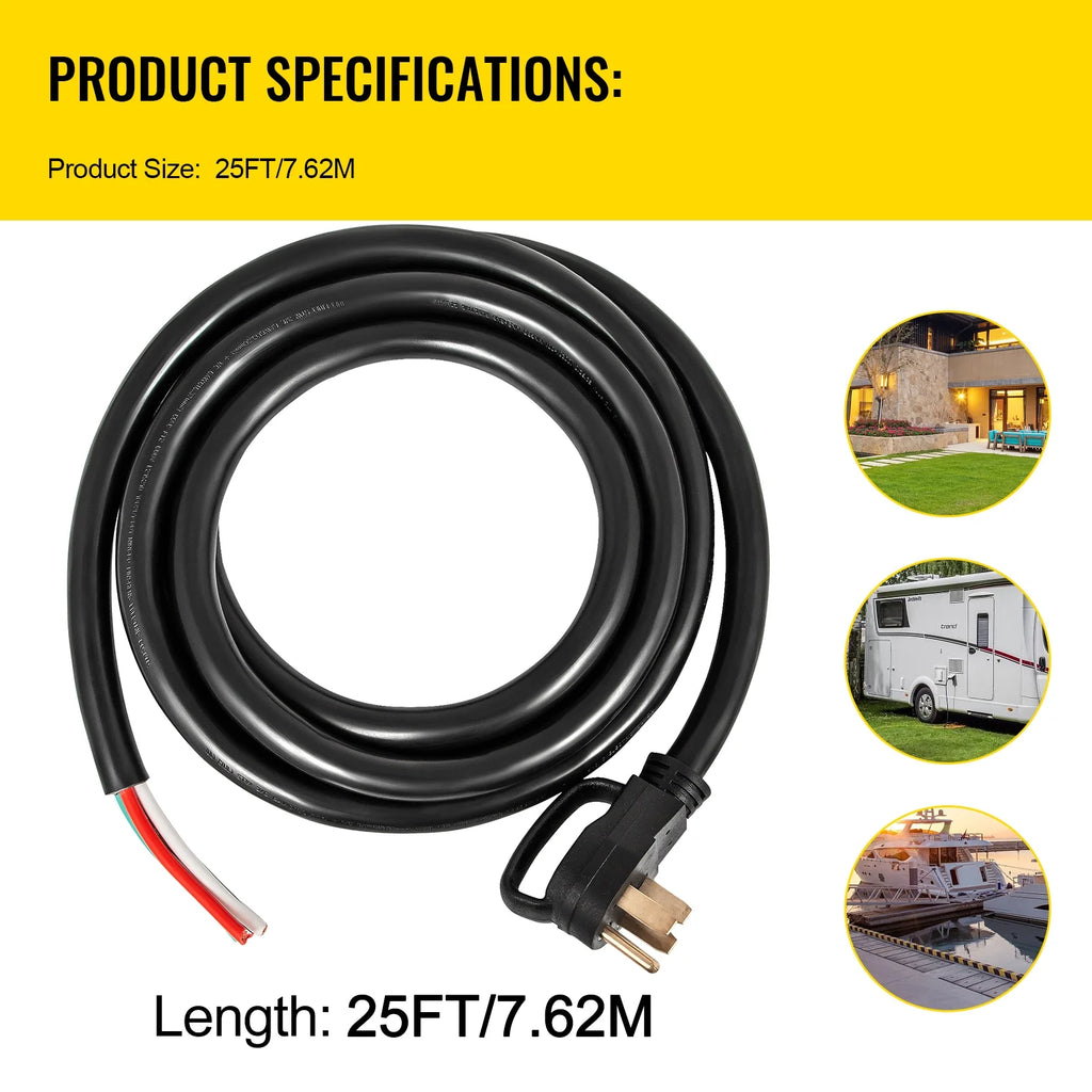 25' 50A RV Power Cord 6/3 + 8/1 AWG NEMA 14-50P to Bare Wire L771842