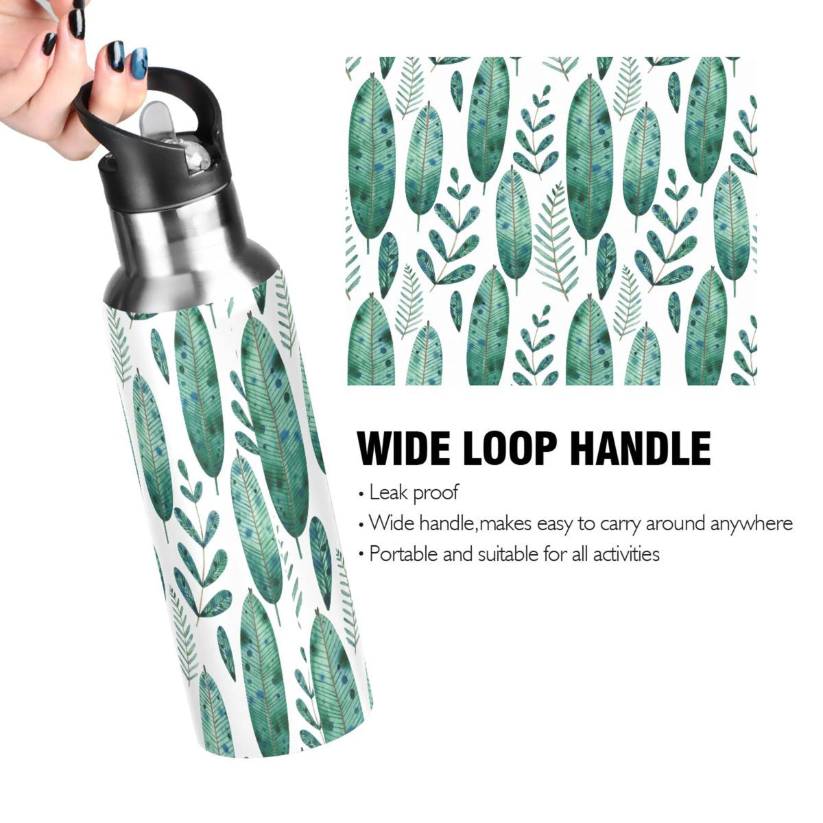 Green Leaves Stainless Steel Water Bottle with Straw Lid Flask, 20 oz U946579