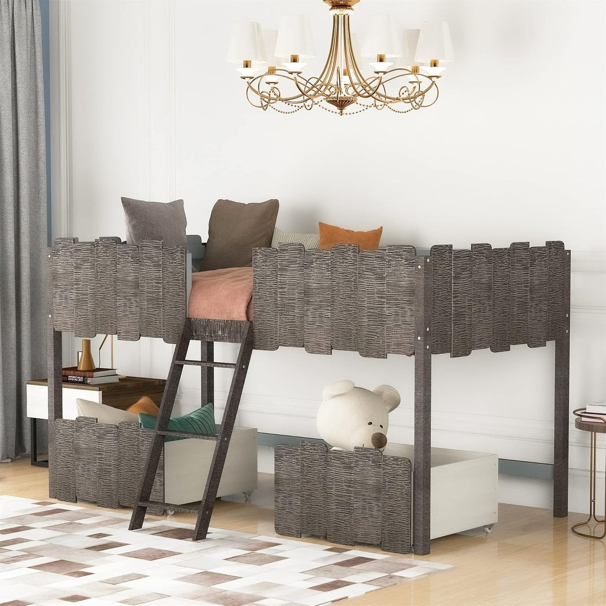 Twin Size Loft Bed with Desk and Storage Cabinet V3865