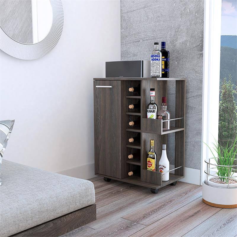 Espresso Bar Cart Cabinet with 6-Cubbies and 2-Shelves F771433