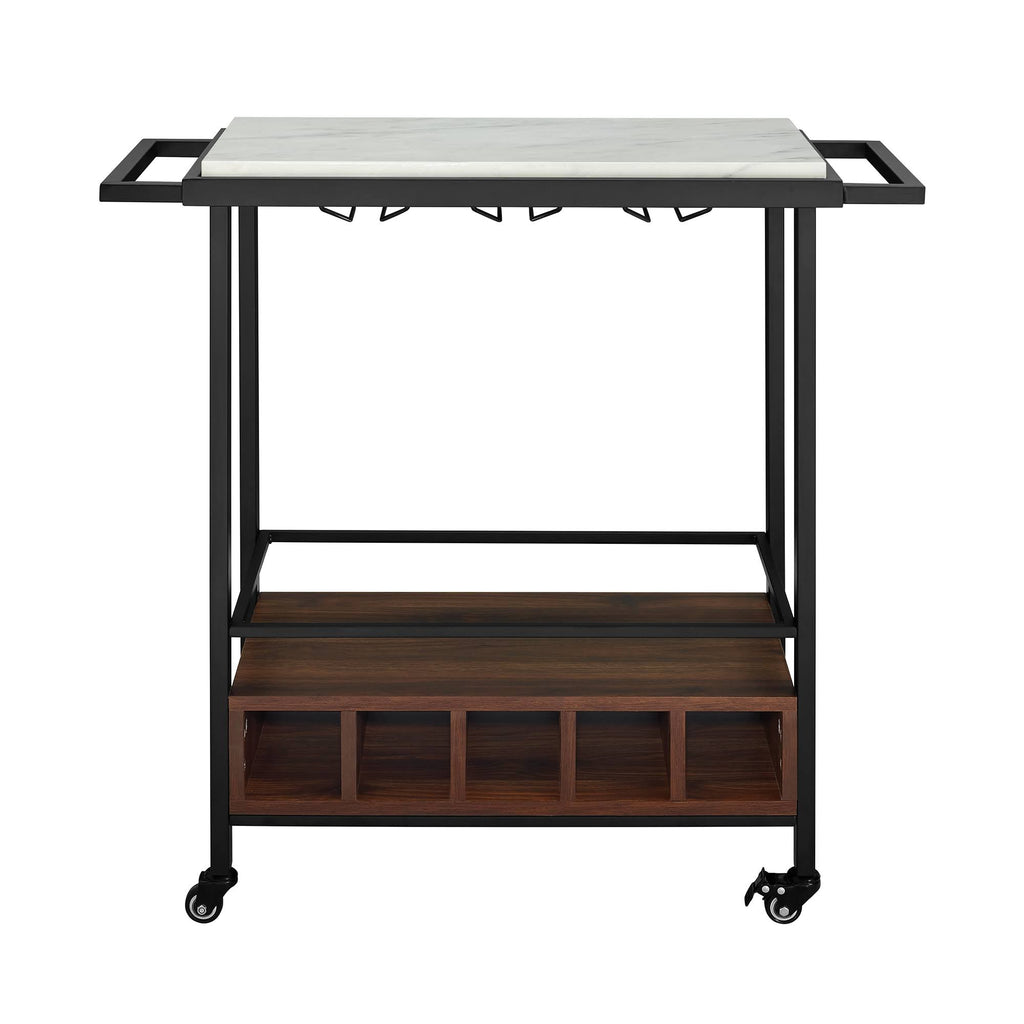 Faux White Marble Dark Walnut Serving Bar Cart L35025