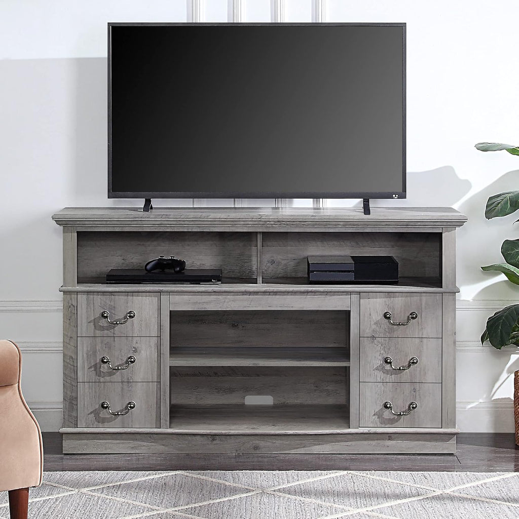 Modern Farmhouse Electric Fireplace TV Stand with Open Storage Shelves & Cabinets J1924