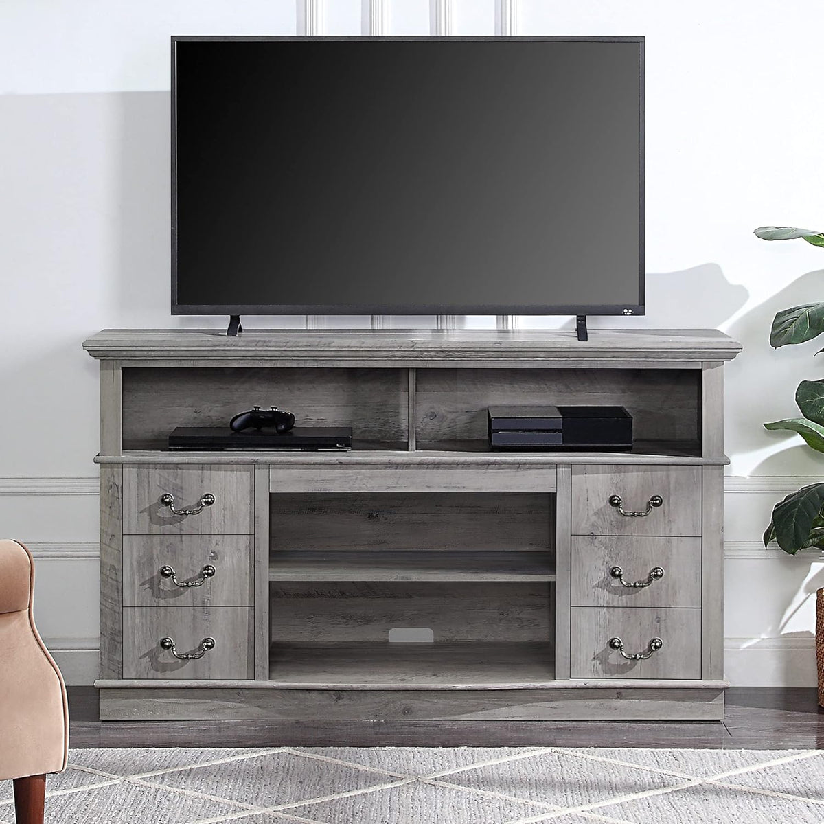 Modern Farmhouse Electric Fireplace TV Stand with Open Storage Shelves & Cabinets J1924