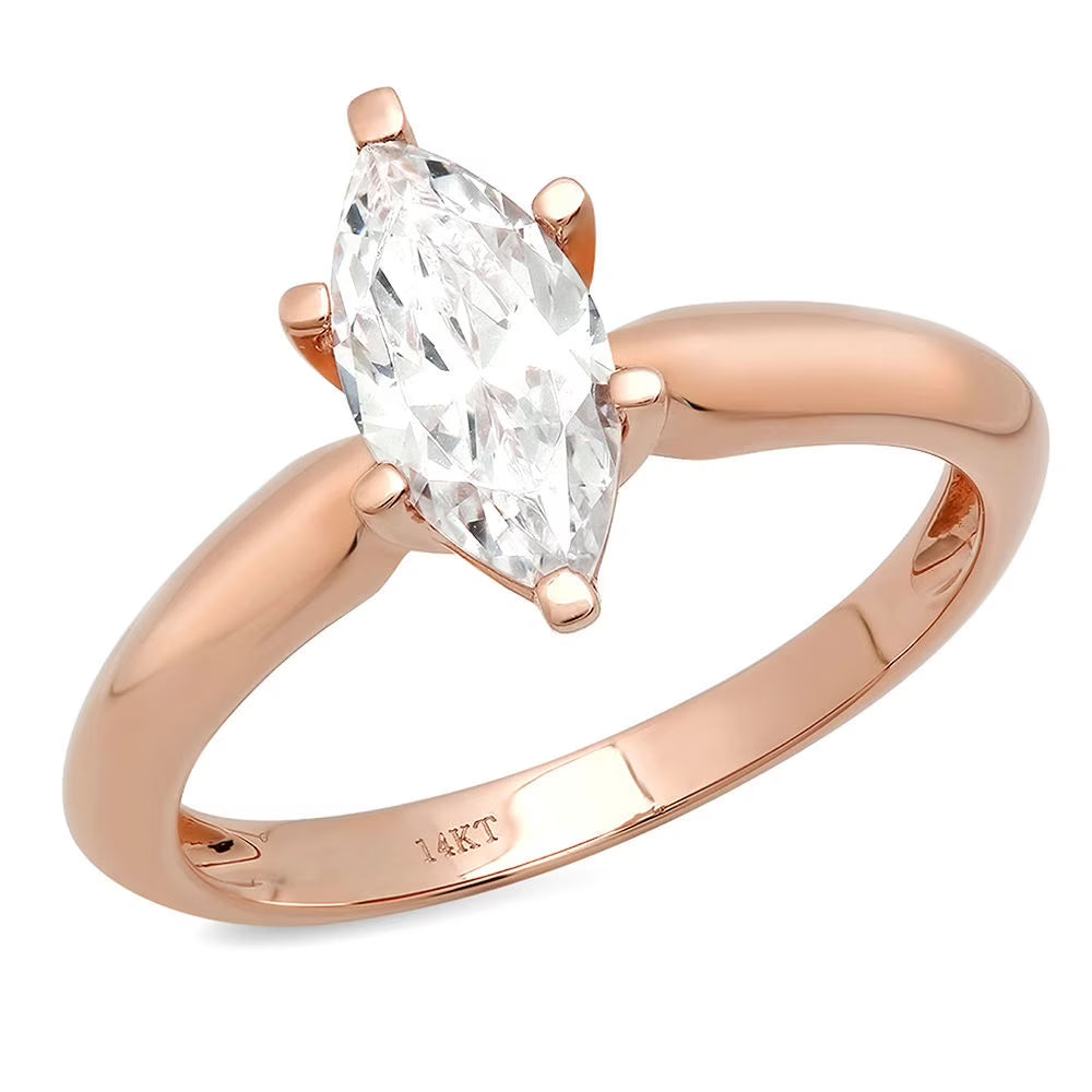 Marquise Cut Clear Simulated Diamond 14k Pink Rose Gold Solitaire Ring Z8108