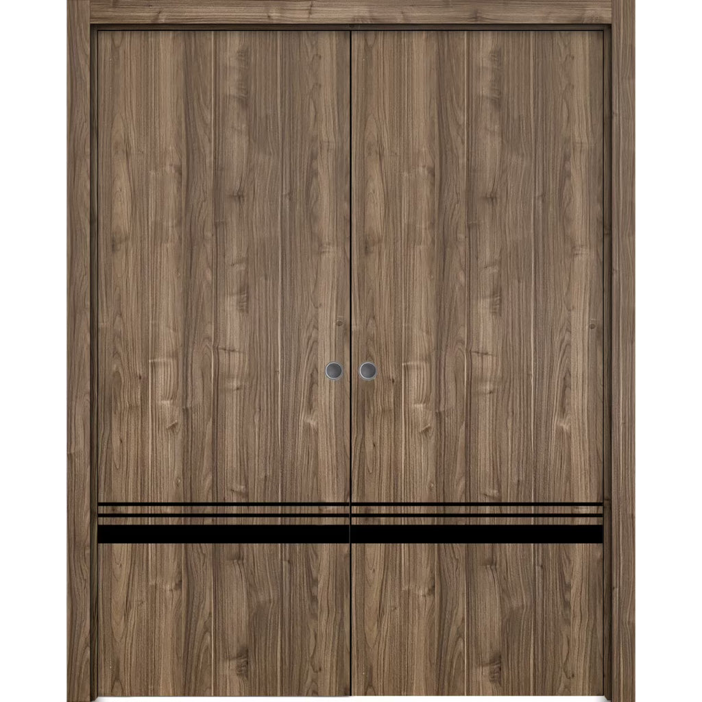 Sliding French Double Pocket Doors 48 x 80 inches Walnut with Frosted Glass Solid Wood Interior Doors S864799