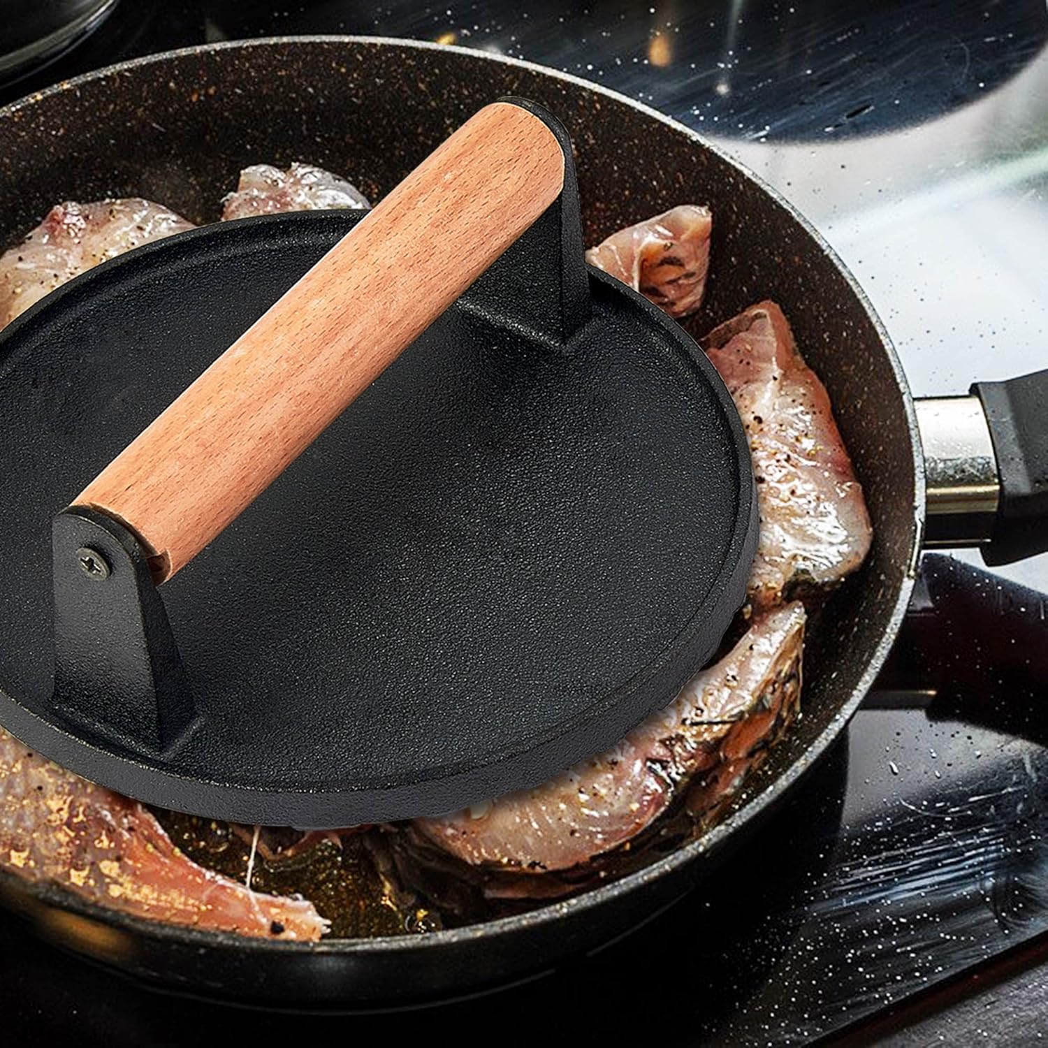 Cast Iron Burger Press Set of 2, 7 Inch Round with Wooden Handle H95003