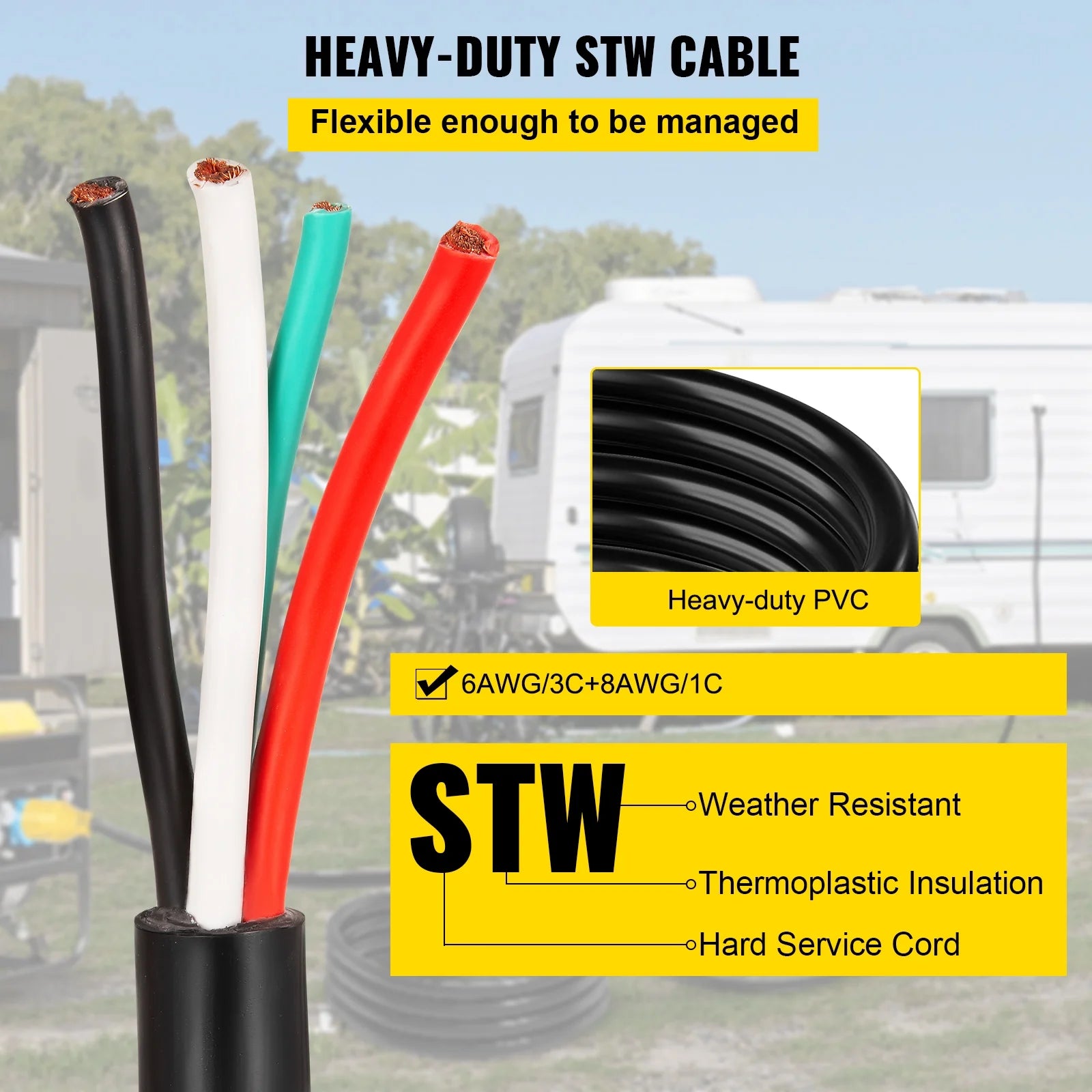 25' 50A RV Power Cord 6/3 + 8/1 AWG NEMA 14-50P to Bare Wire L771842