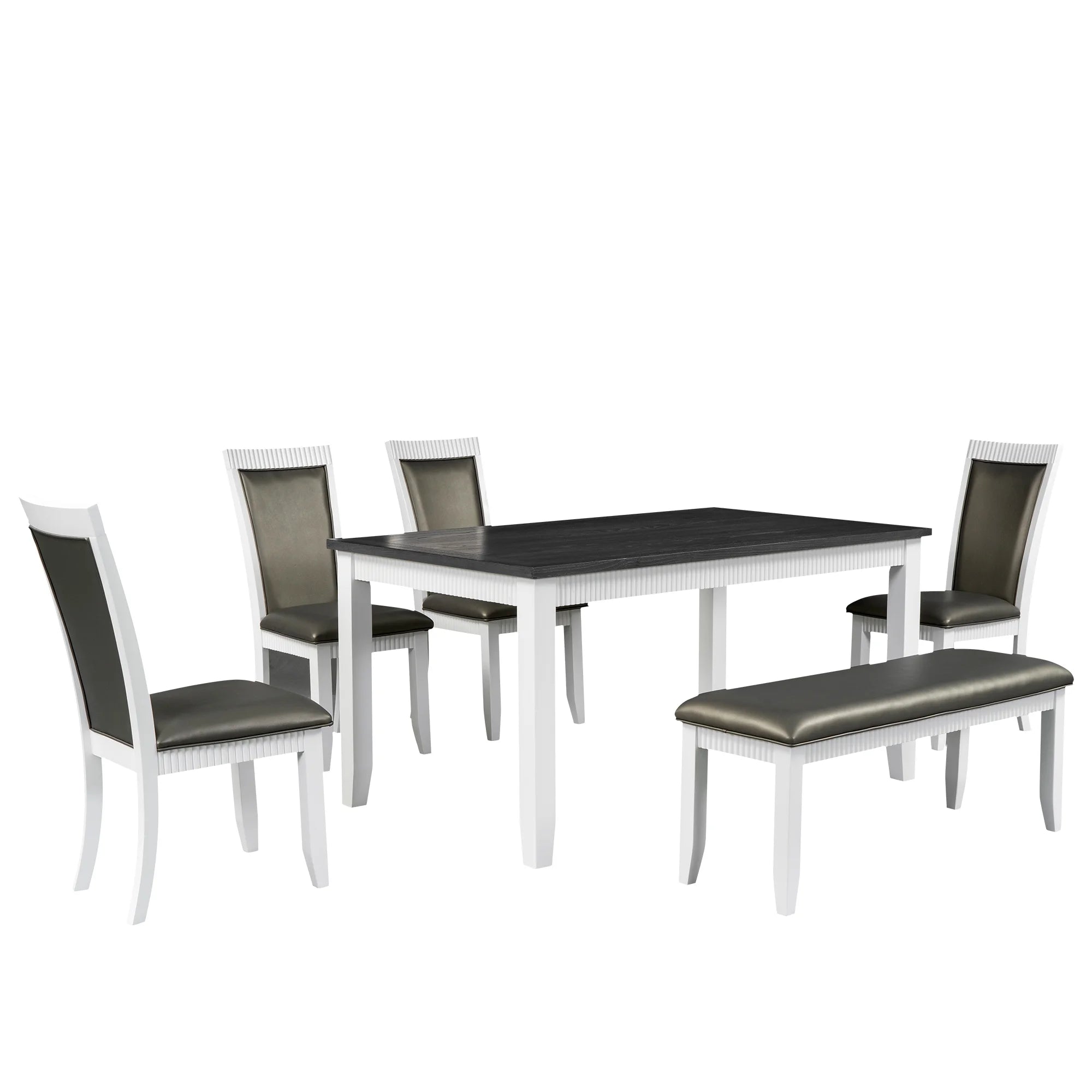 White Solid Wood 6-Piece Dining Table Set with PU Leather Chairs and Bench P29634