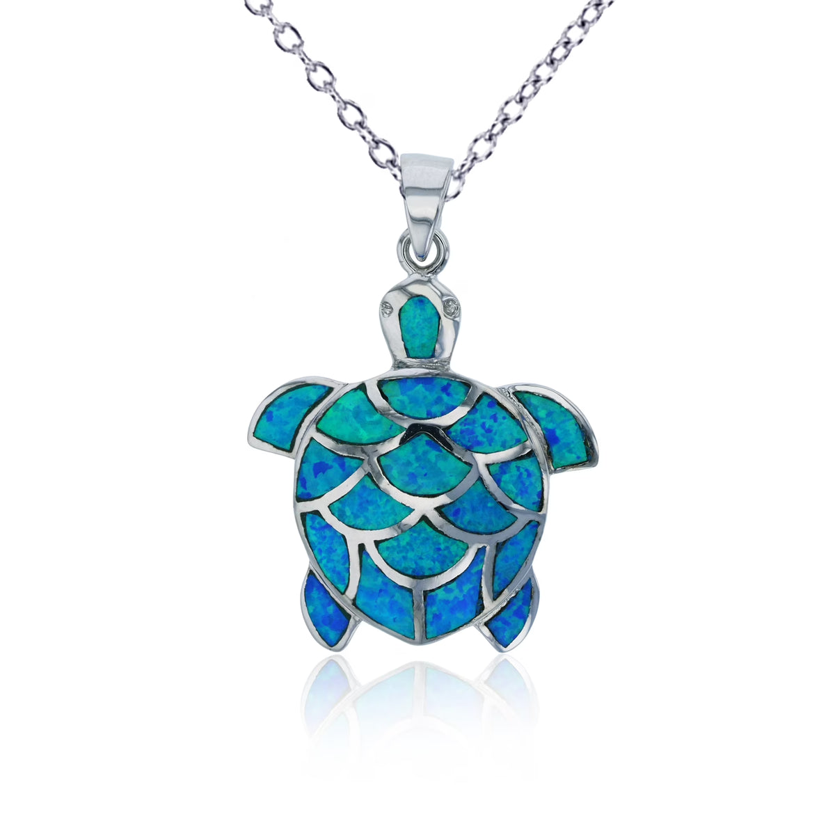 18" Rhodium Created Blue Opal Turtle Necklace Q683