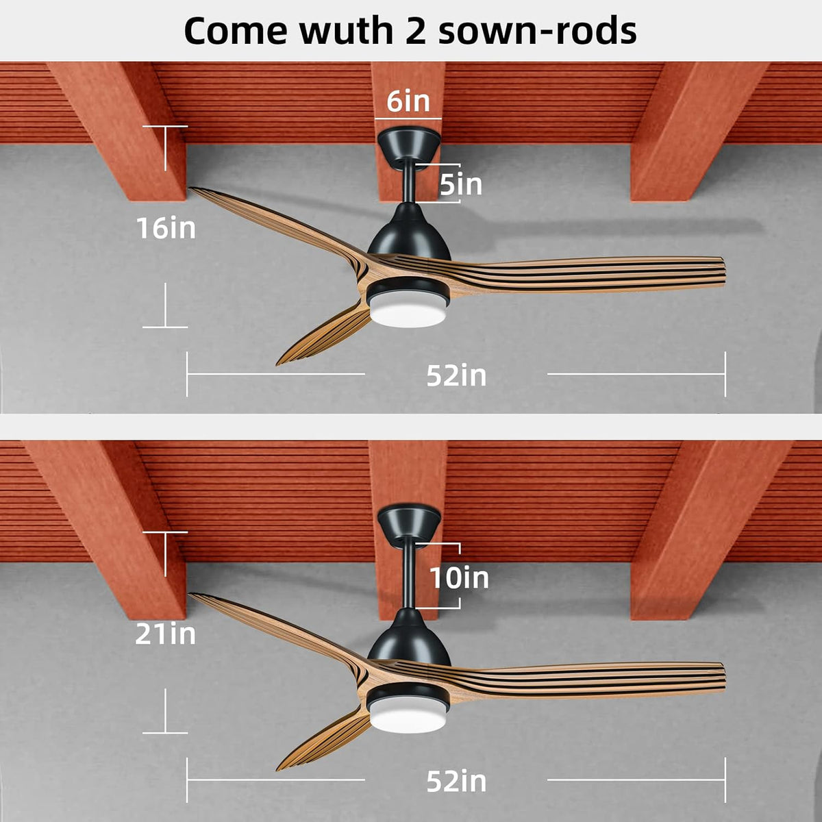 52'' Ceiling Fan with Lights Remote Control Brushed Wood Walnut Blades 3 Level Timer 6 Speed Reversible Motor I267004