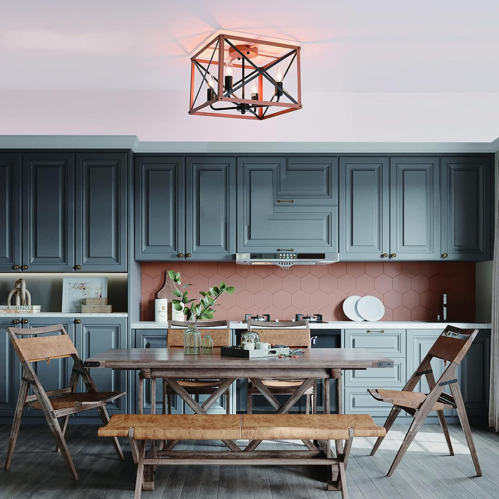 Retro Semi Flush Mount 4-Light Rectangle Wood Ceiling Light Fixture Q7504