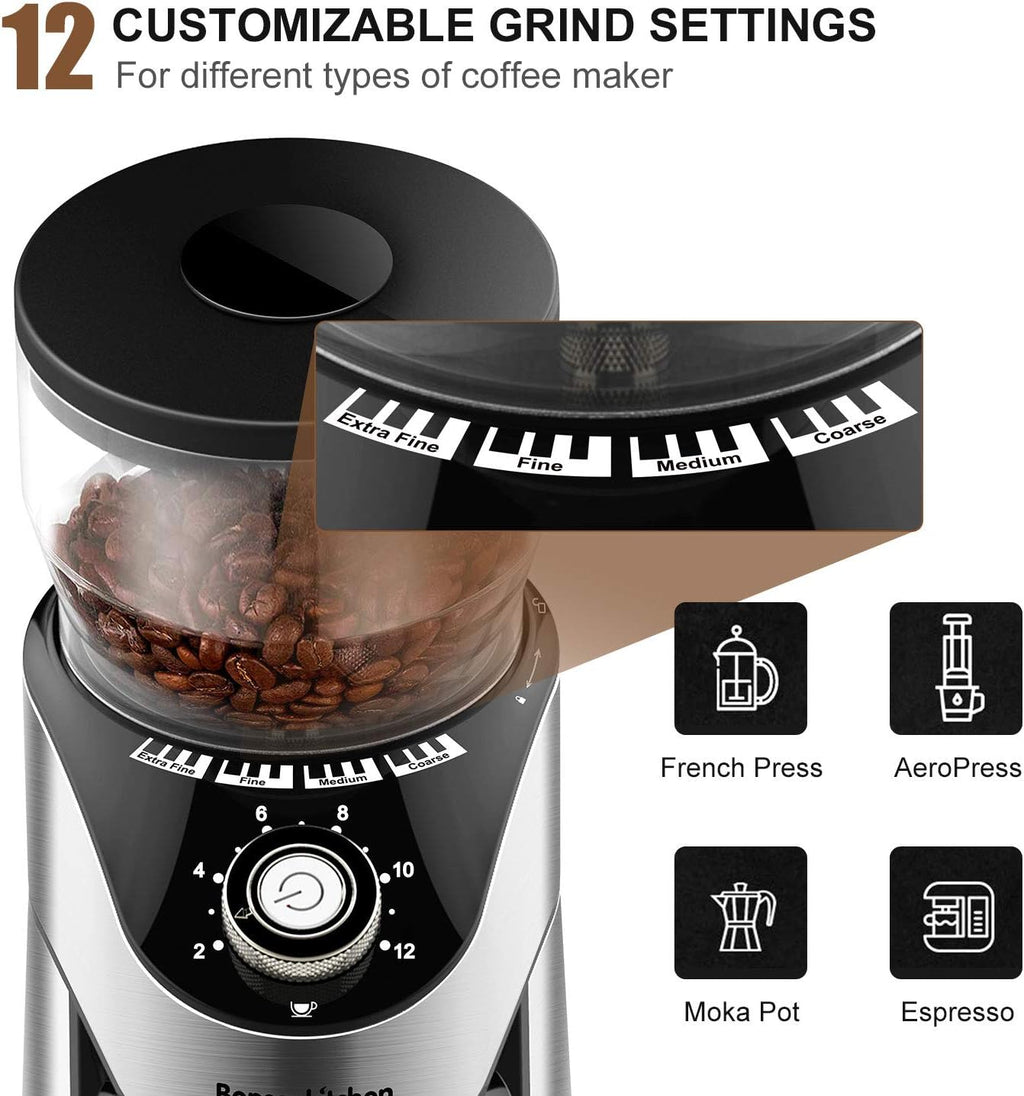 Stainless Steel Electric Conical Burr Coffee Grinder with 12 Grind Settings V24055