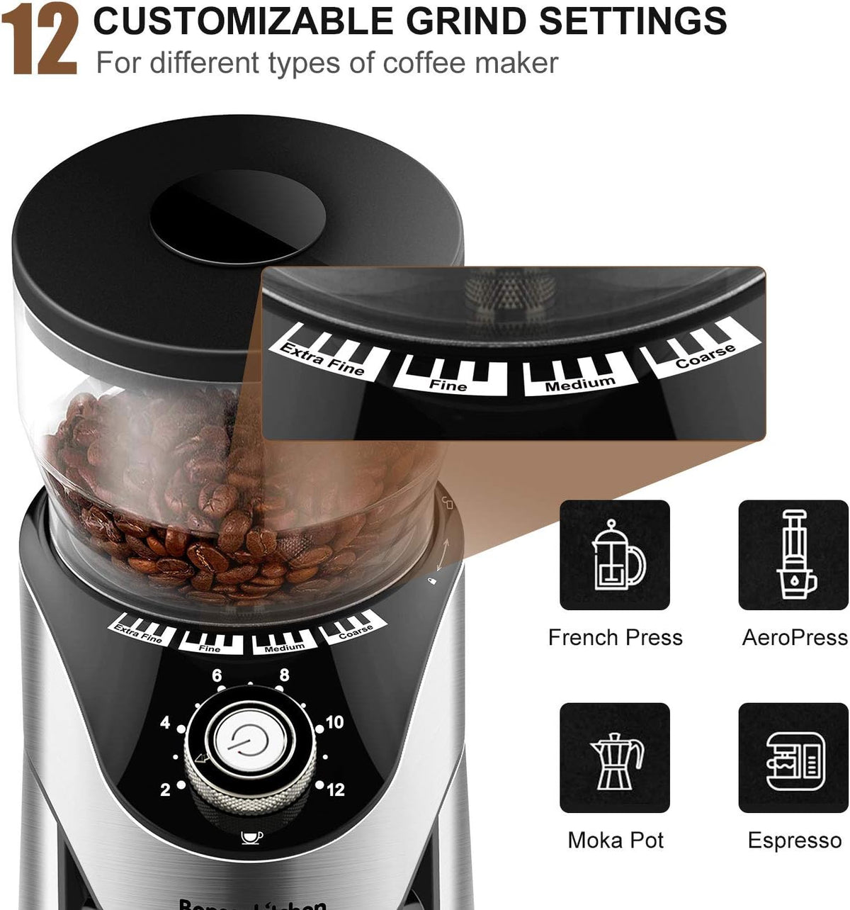 Stainless Steel Electric Conical Burr Coffee Grinder with 12 Grind Settings V24055