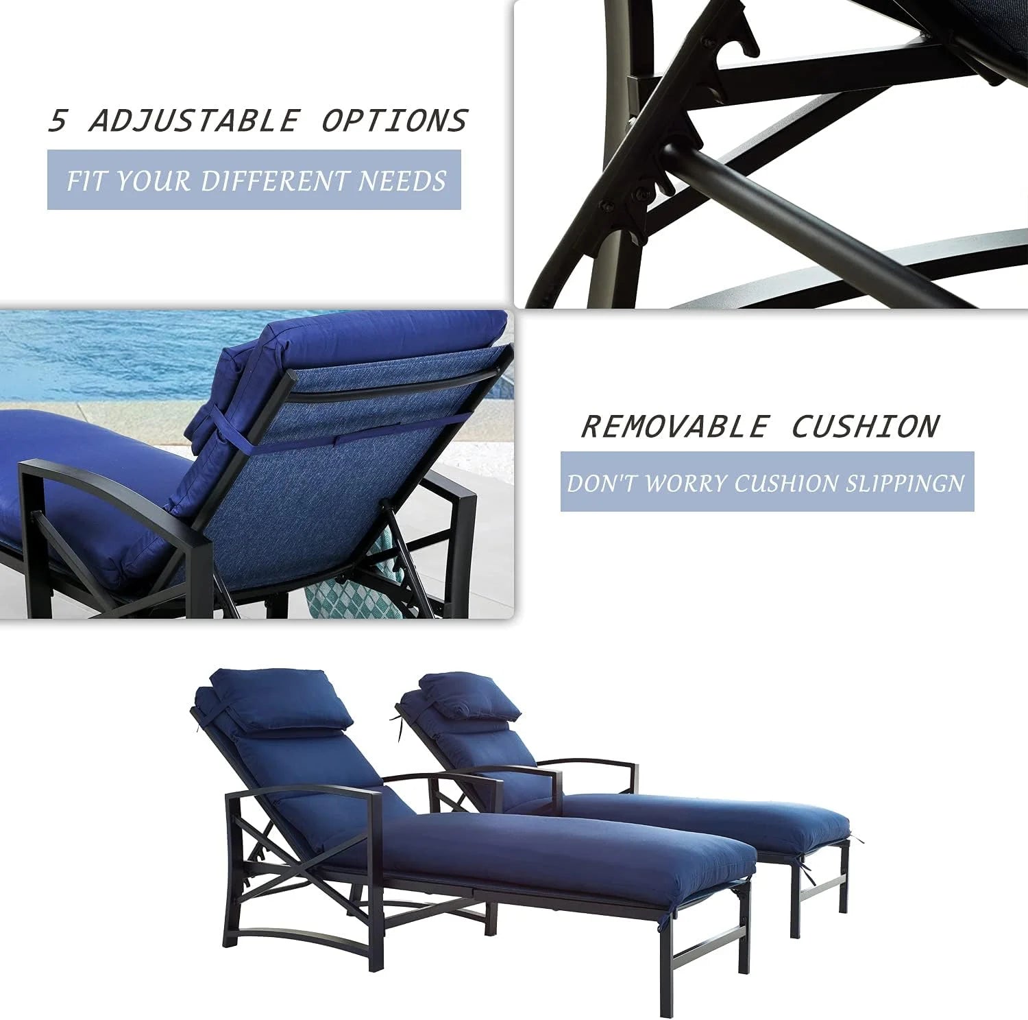 2 Piece Patio Chaise Lounge Chair Set with Cushions, Blue L17798