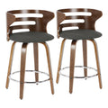 Mid-Century Modern Counter Stool With Swivel In Walnut And Charcoal Fabric - Set Of 2 J9933