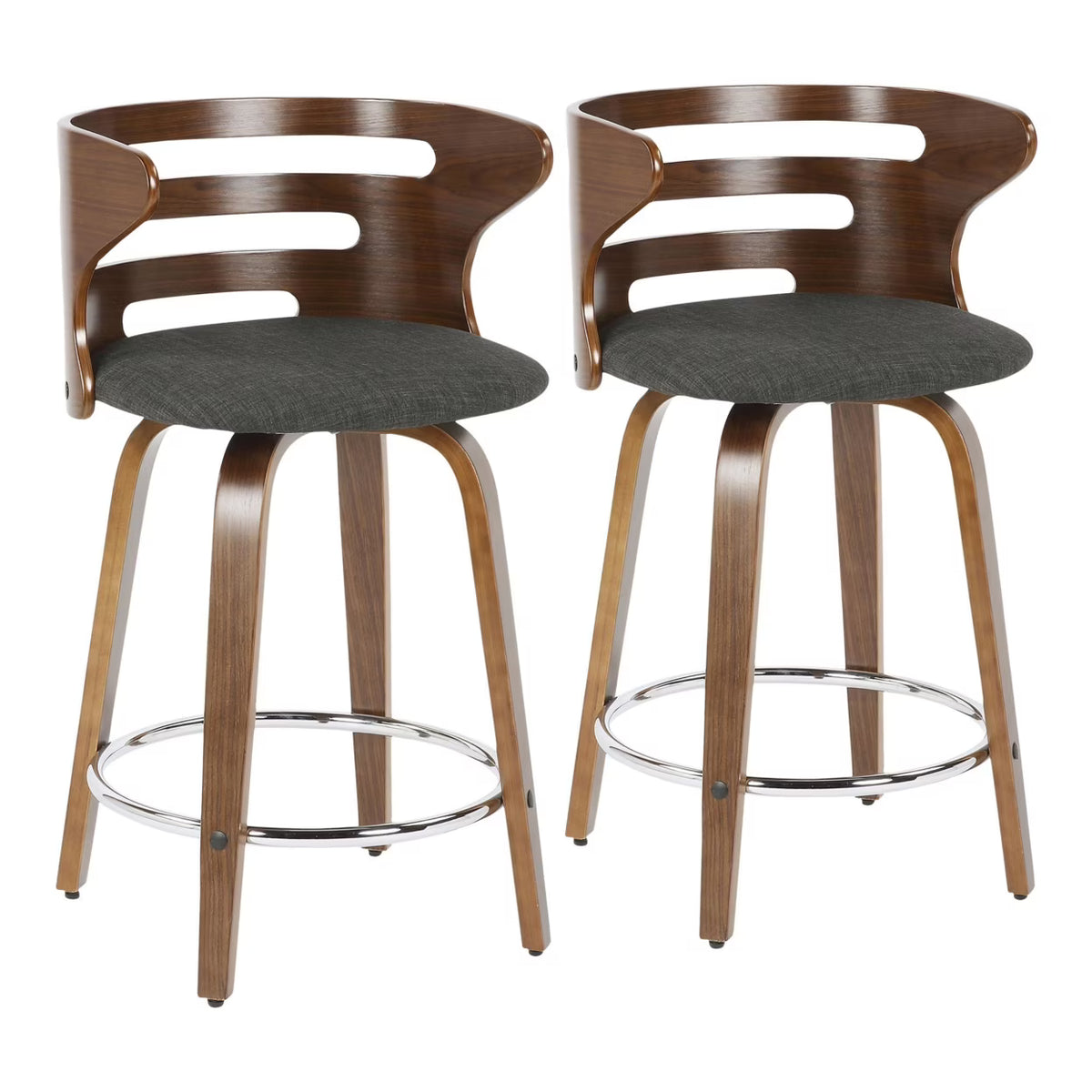 Mid-Century Modern Counter Stool With Swivel In Walnut And Charcoal Fabric - Set Of 2 J9933