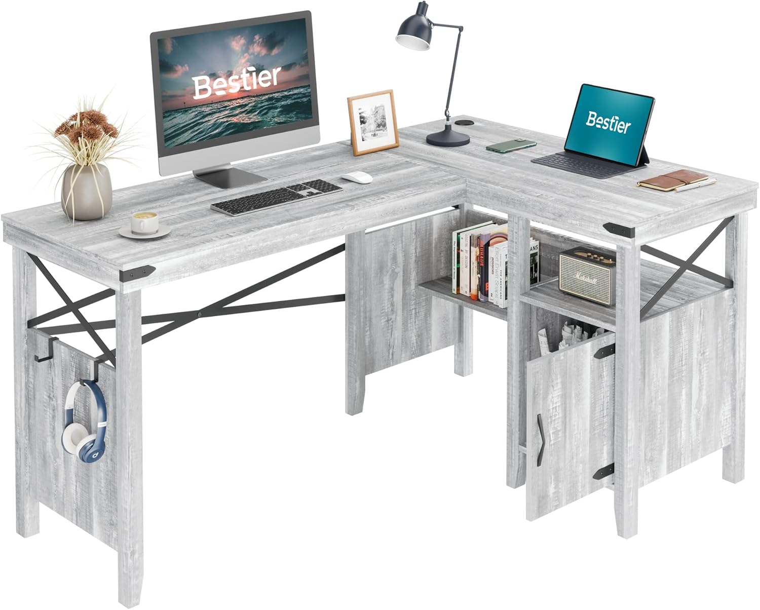 Gray Farmhouse Computer Desk with Storage Cabinet and Bookshelf B31091