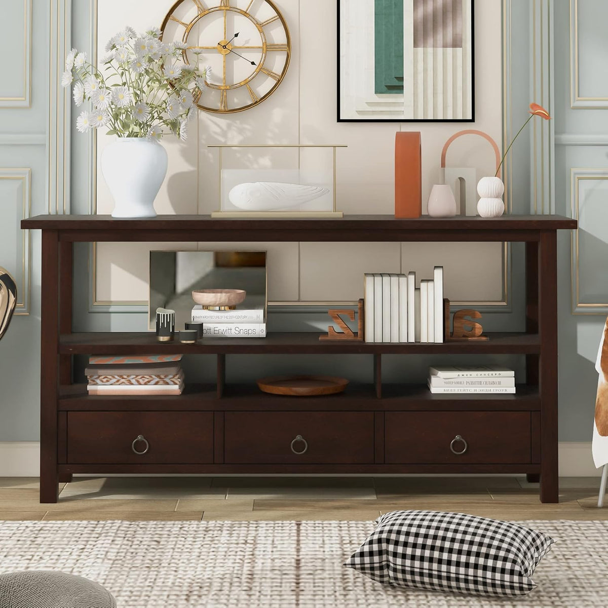 Light Green 6 Drawers Sideboard Console Table with Cabinet and Bottom Shelf S7722
