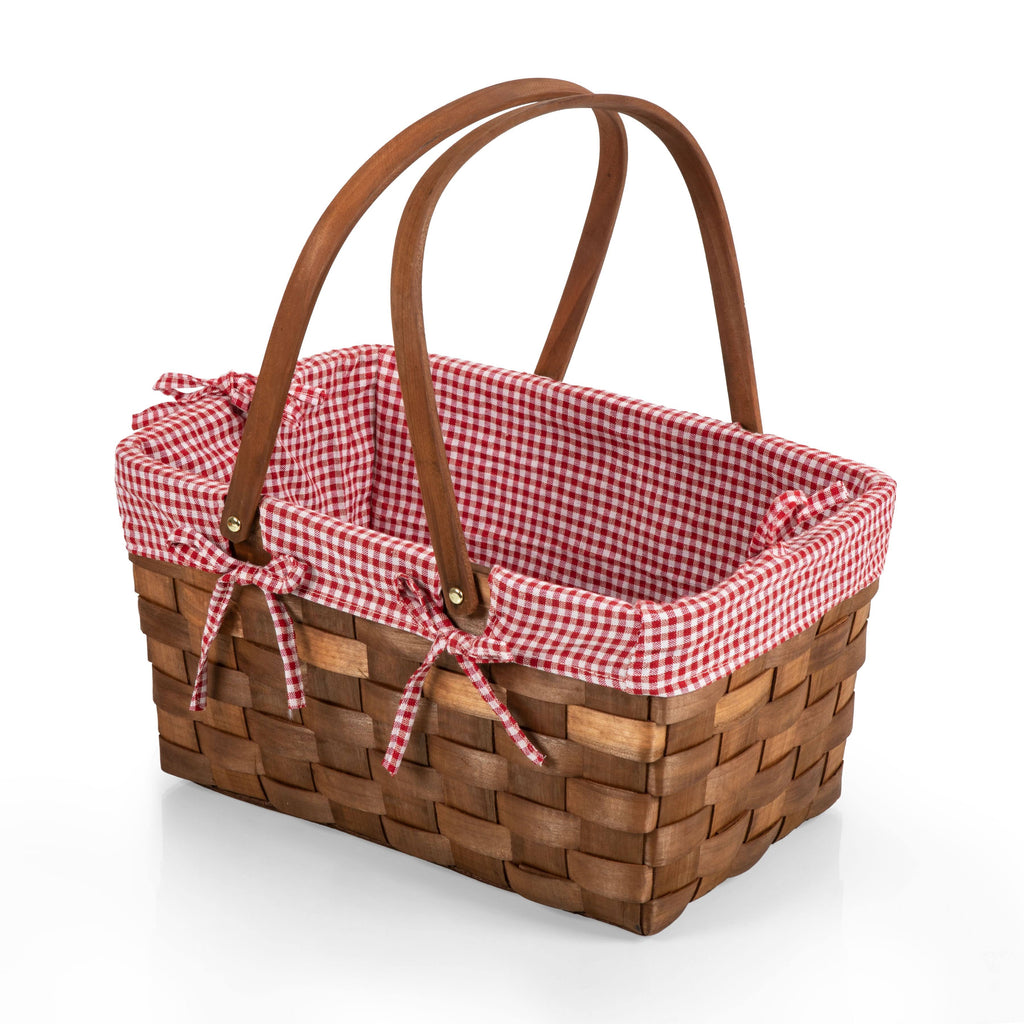 Red White Gingham Handwoven Wood Picnic Basket W9224