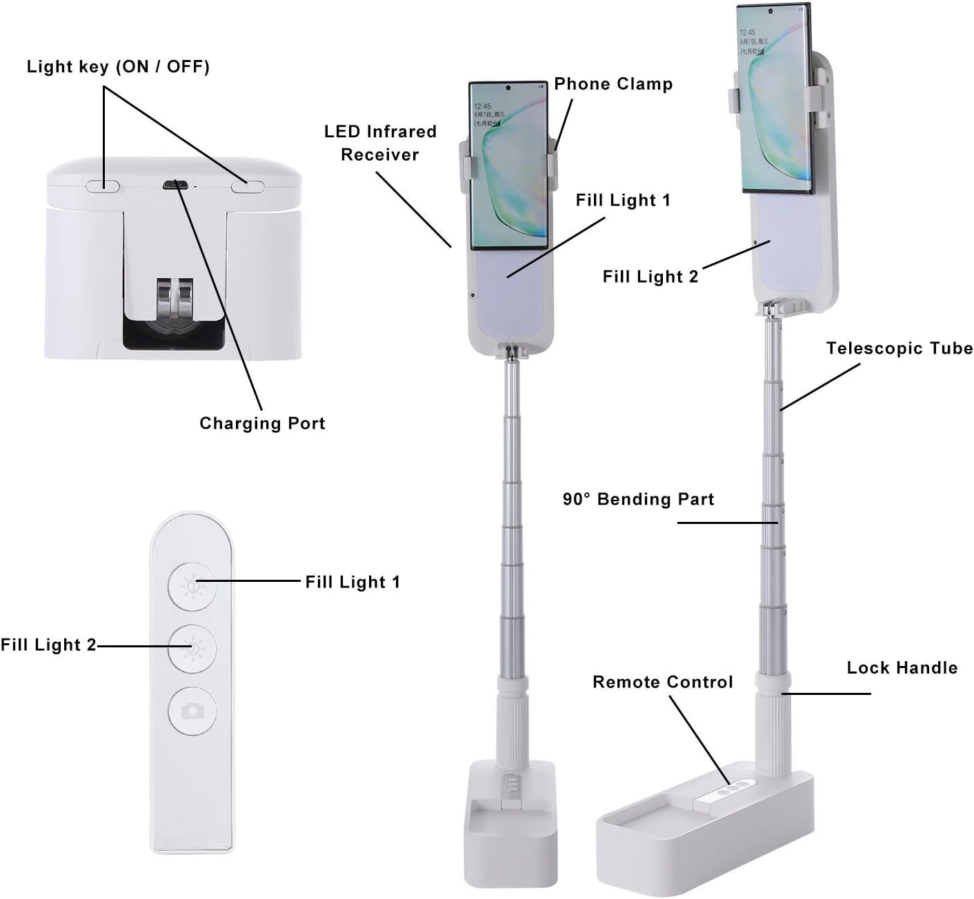 White Foldable Phone Holder with LED Light Stand and Remote, 51 inch, Pack of 2 P2046