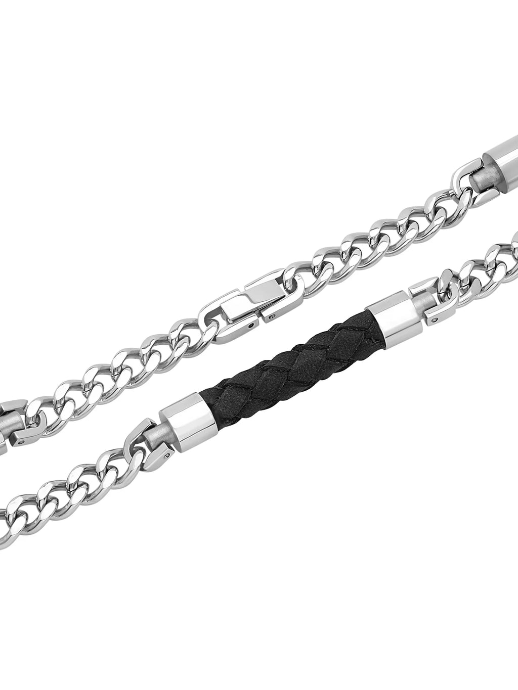 Men's Stainless Steel Black Leather Weave Curb Chain Necklace, 24" G6022