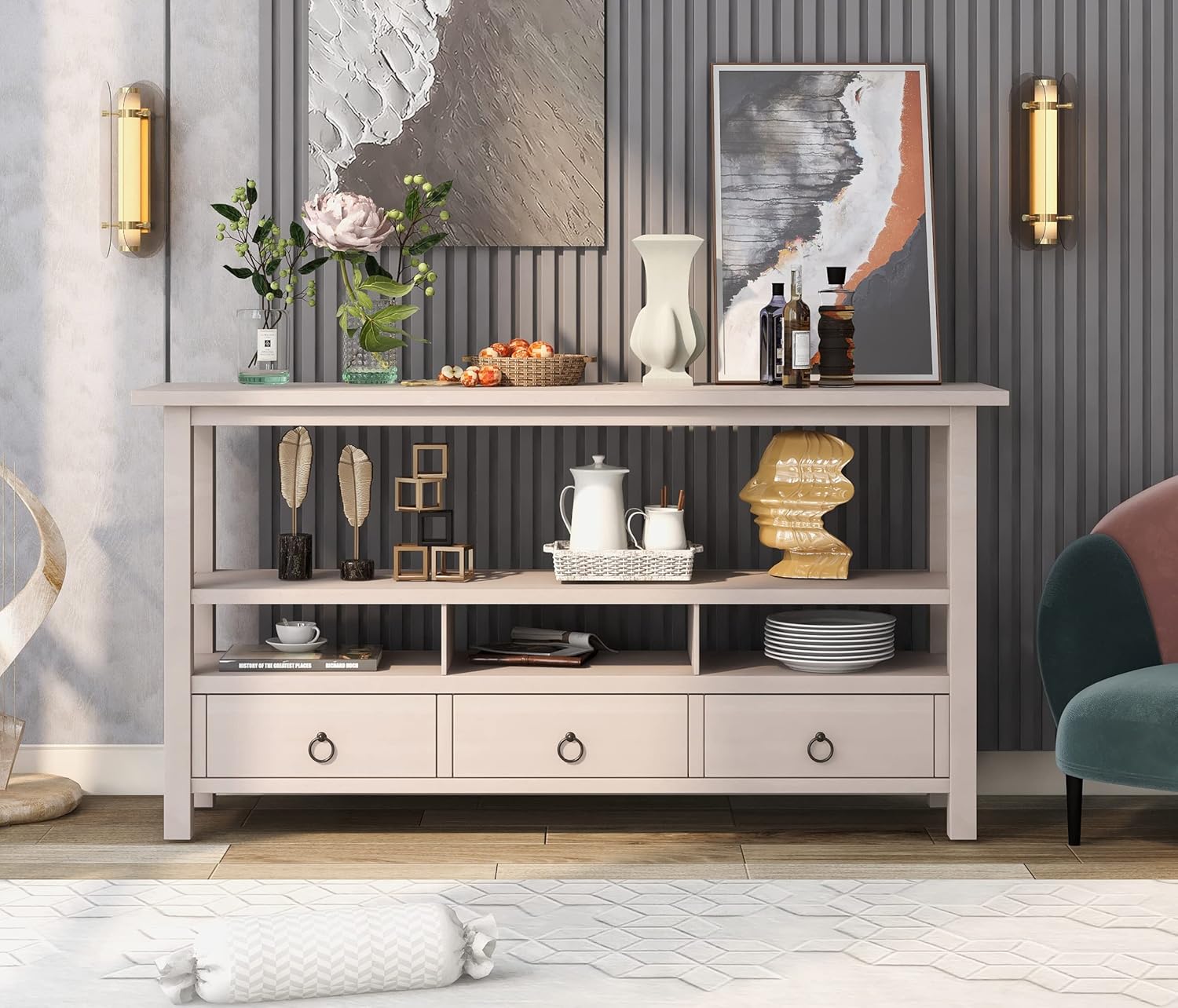 Light Green 6 Drawers Sideboard Console Table with Cabinet and Bottom Shelf S7722
