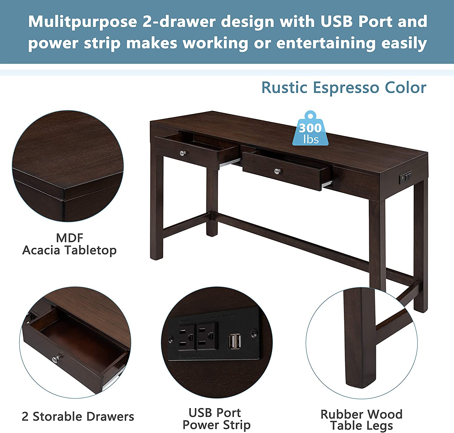 4-Piece Counter Height Dining Table Set with 3 PU Leather Padded Stools Espresso B54260