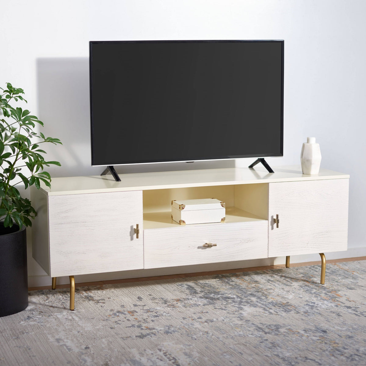 Cream White Washed Media Stand U607754