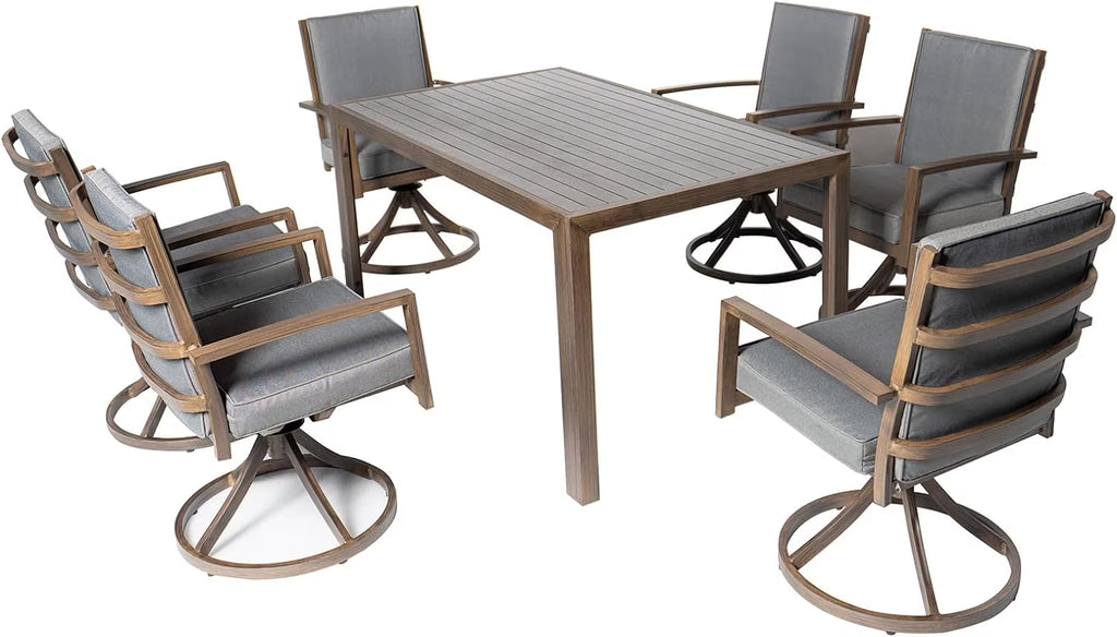 7 Piece Aluminum Outdoor Dining Set with 6 Swivel Chair Padded Cushion W5676