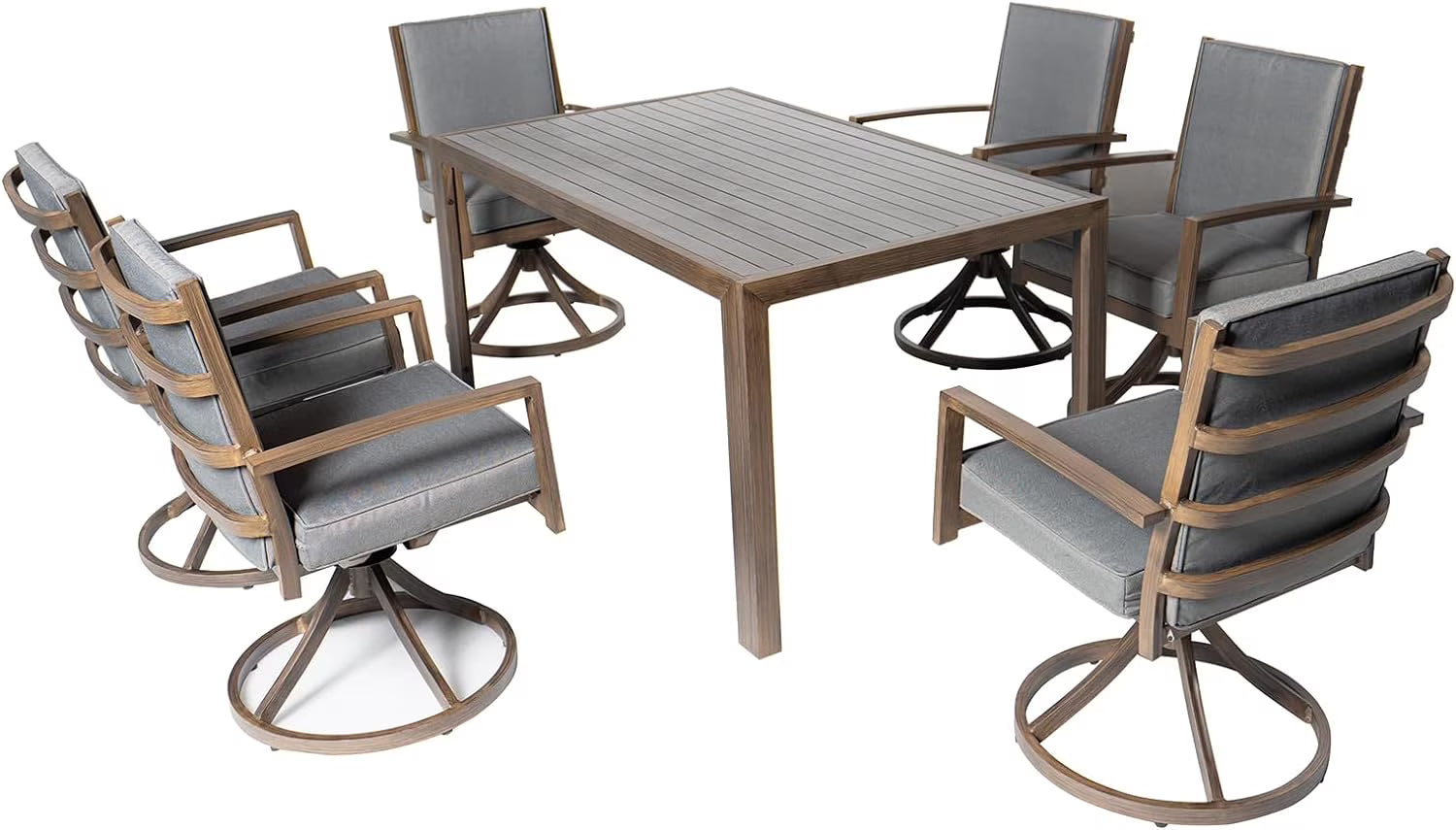 7 Piece Aluminum Outdoor Dining Set with 6 Swivel Chair Padded Cushion W5676