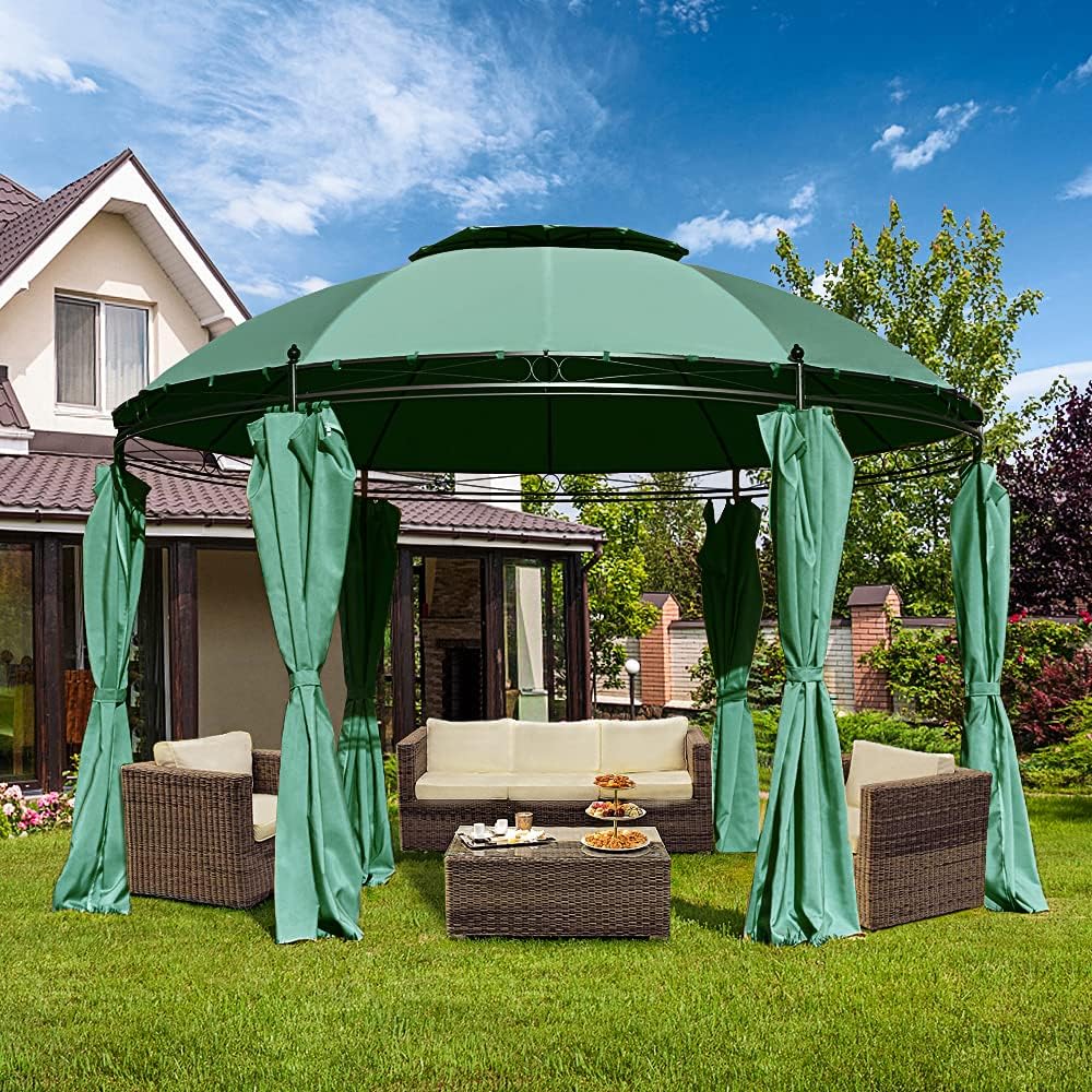 Beige Hexagonal Steel Frame Gazebo with Lift Shade Curtains T9373