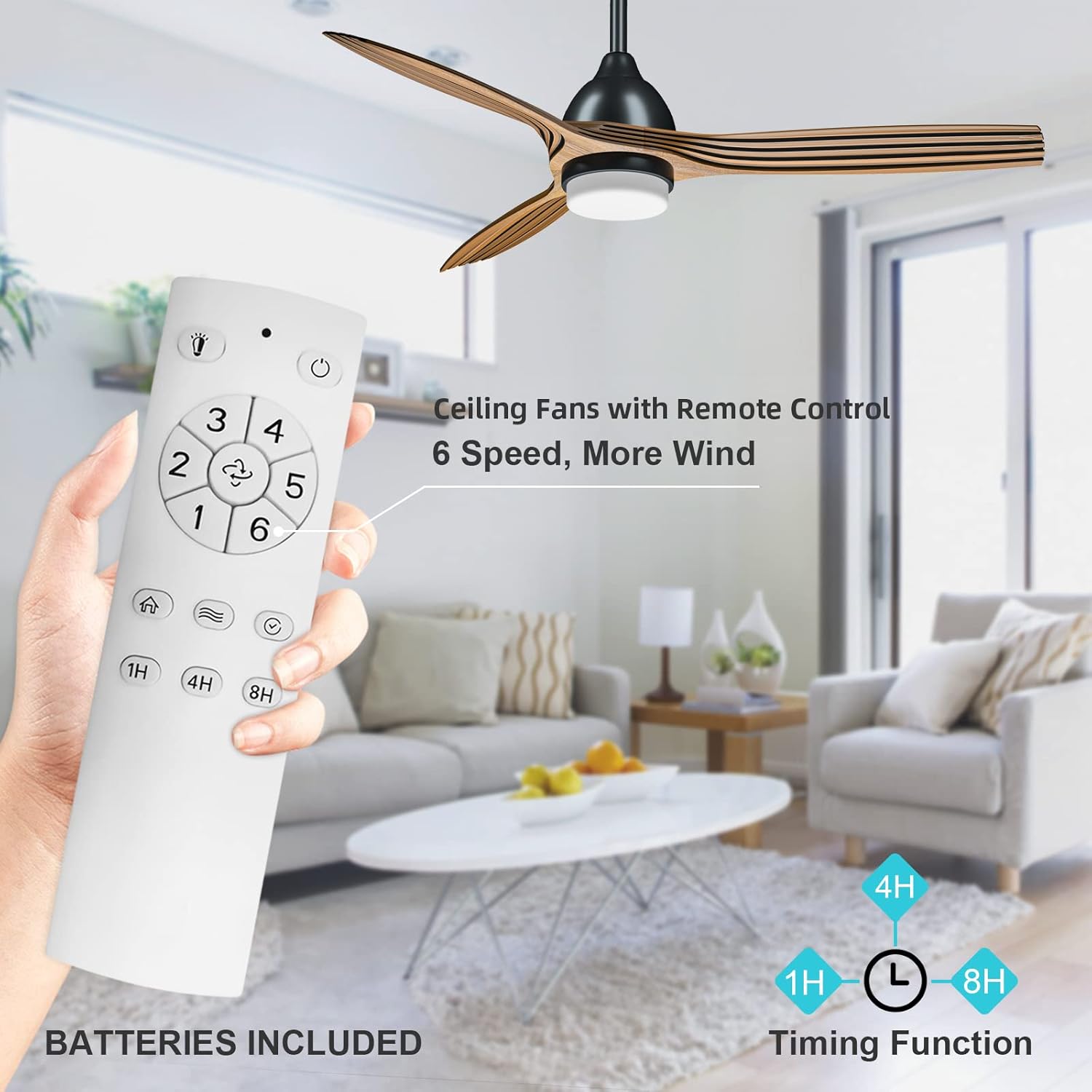 52'' Ceiling Fan with Lights Remote Control Brushed Wood Walnut Blades 3 Level Timer 6 Speed Reversible Motor I267004