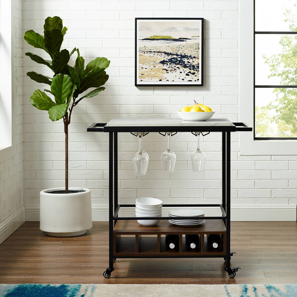 Faux White Marble Dark Walnut Serving Bar Cart L35025