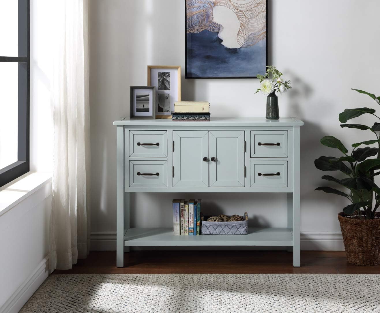 Light Green 6 Drawers Sideboard Console Table with Cabinet and Bottom Shelf S7722