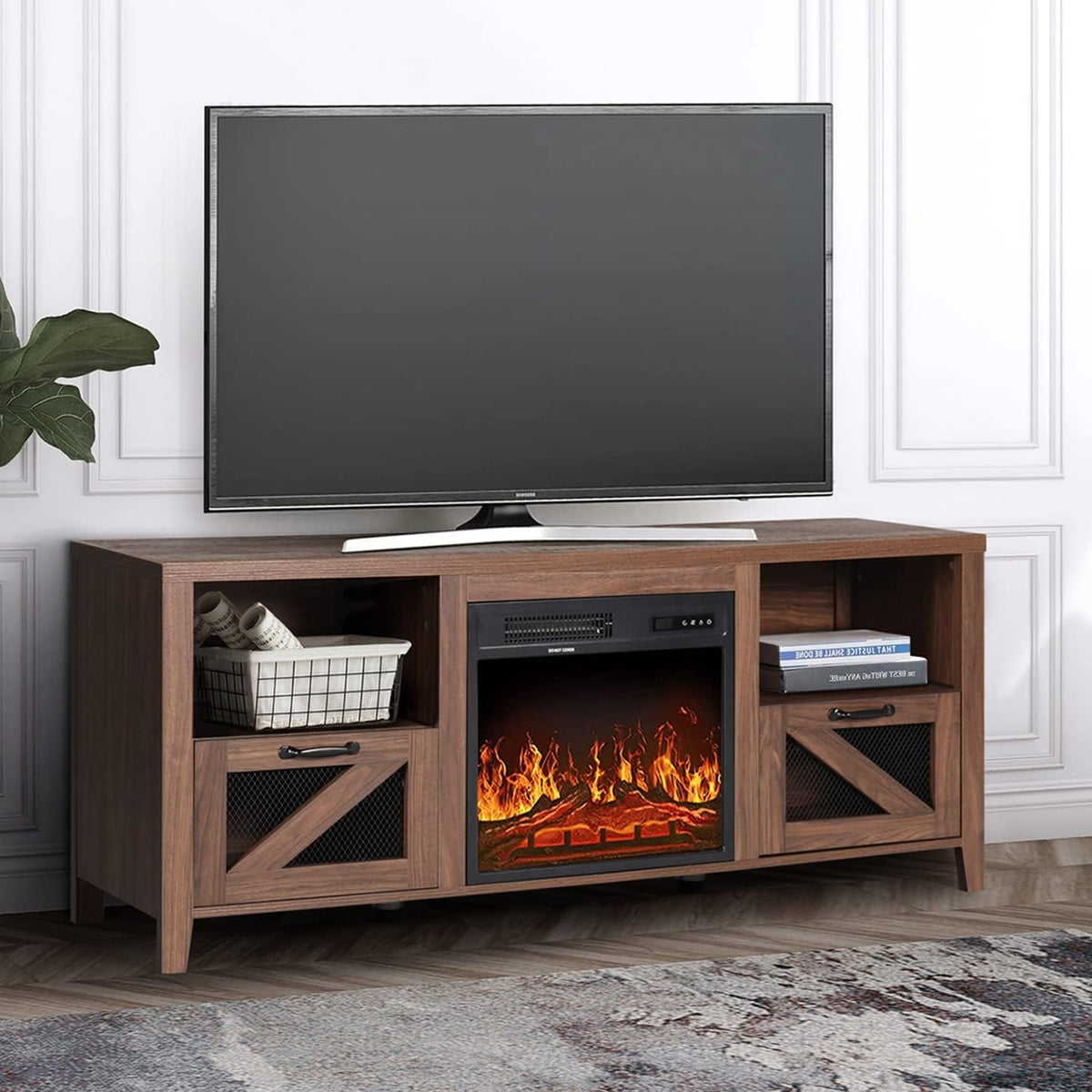 Barn Door Wood Electric Fireplace TV Stand with Storage Cabinets and Infrared Heater Q7333